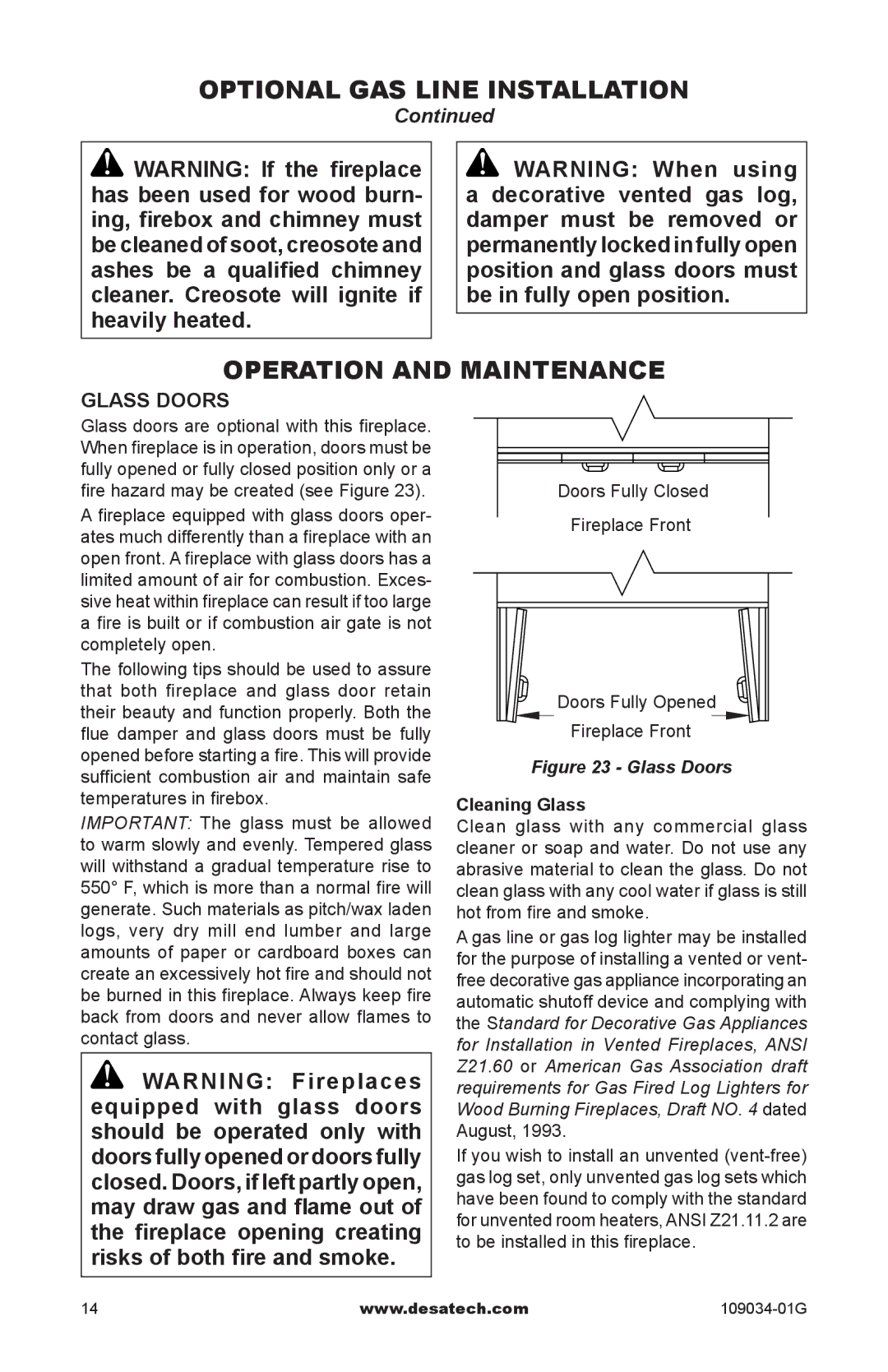 Desa CWB36C, (V)B36LI, (V)B36I Optional Gas Line Installation Operation and Maintenance, Glass Doors, Cleaning Glass 