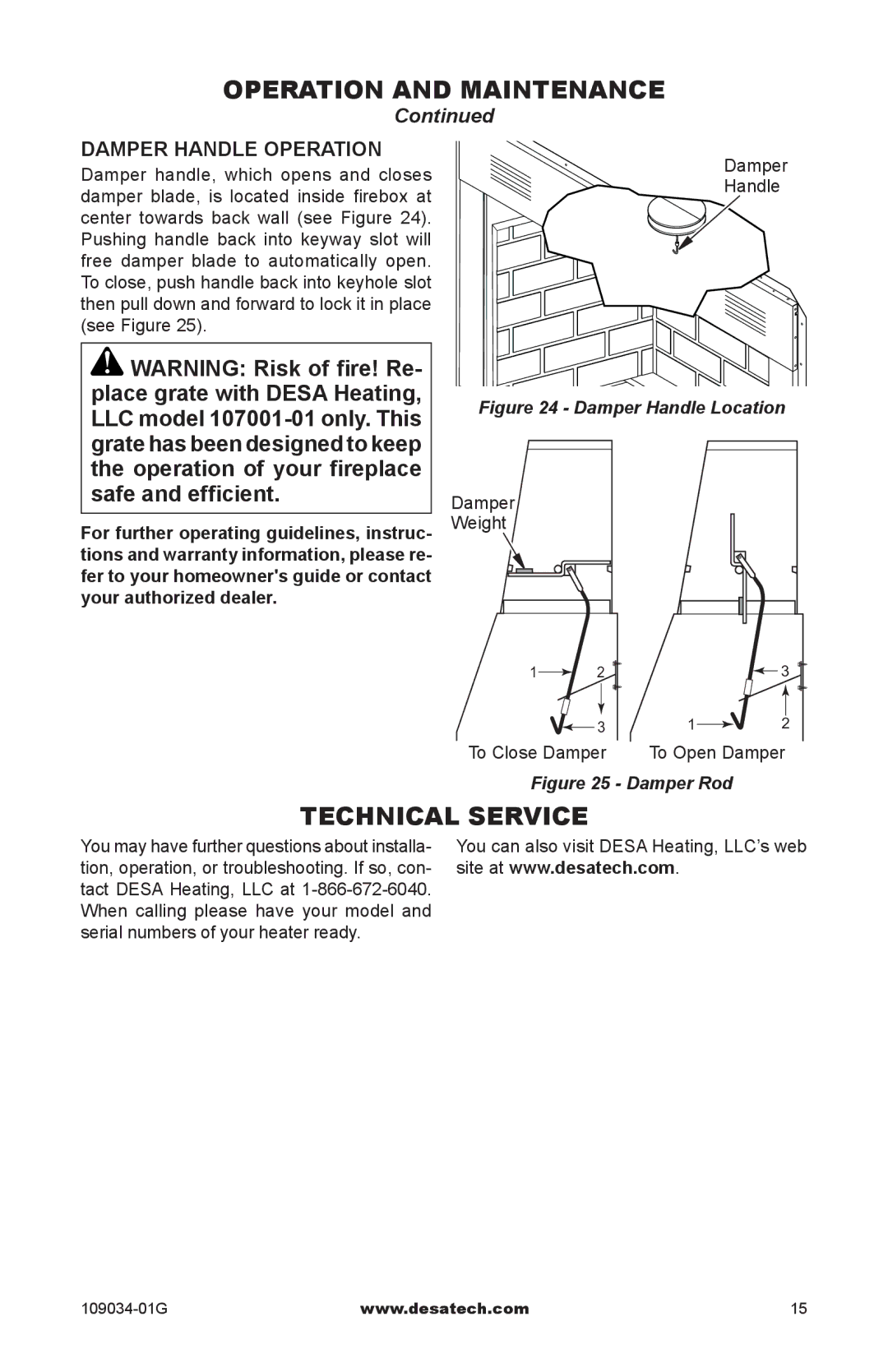 Desa (V)B36LI Technical Service, Damper handle operation, Damper Handle, Damper Weight To Close Damper To Open Damper 