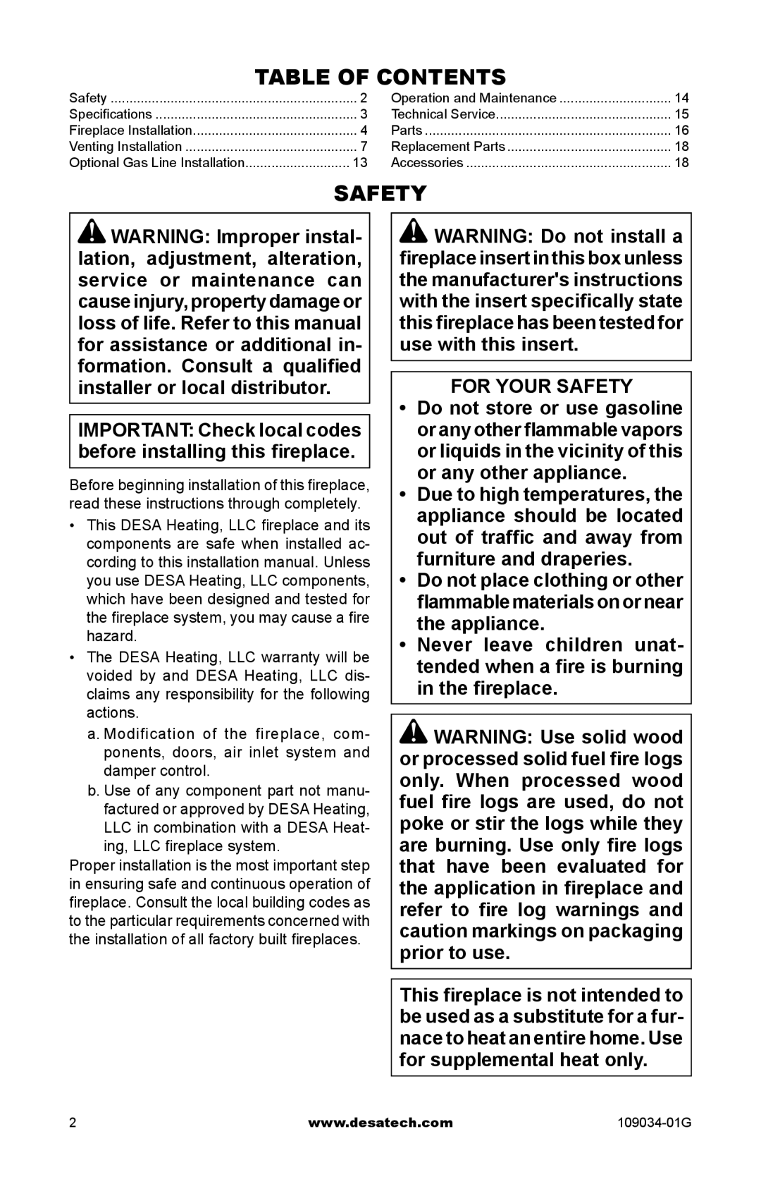 Desa (V)B36I, (V)B36LI, CWB36C installation manual Table of Contents, Safety 