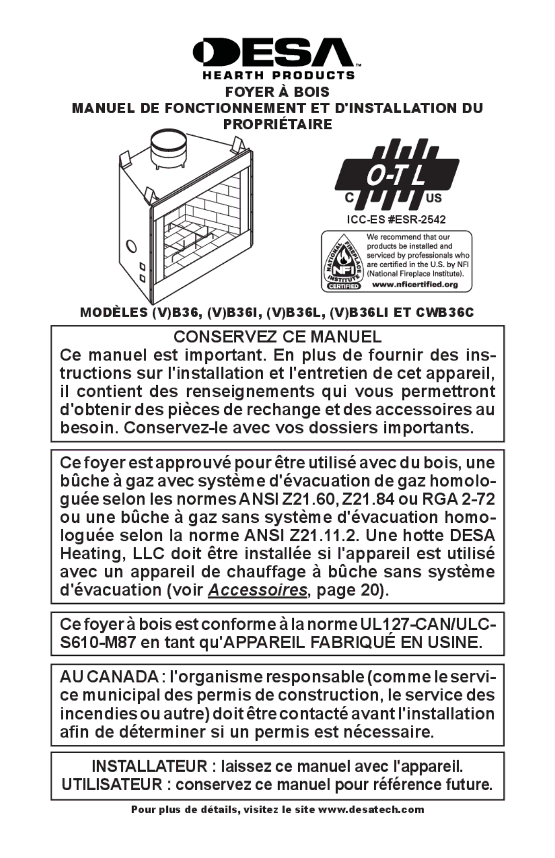 Desa (V)B36LI, (V)B36I installation manual Conservez CE Manuel, Modèles VB36, VB36I, VB36L, VB36LI et CWB36C 