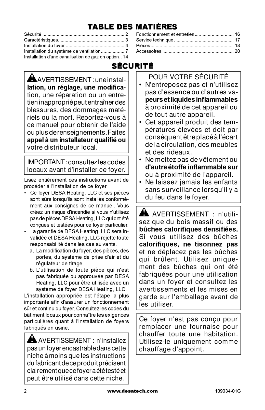 Desa (V)B36I, (V)B36LI, CWB36C installation manual Table des matières, Sécurité 