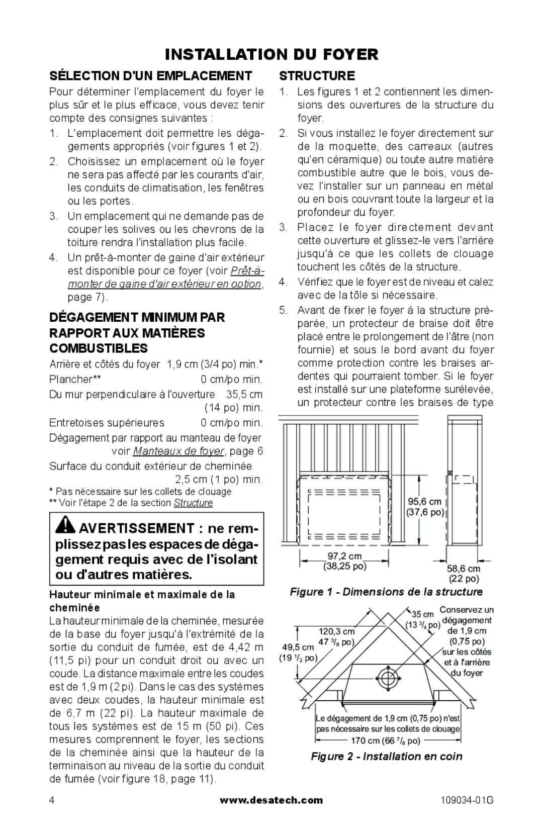 Desa CWB36C Installation du foyer, Sélection dun emplacement, Dégagement minimum par rapport aux matières combustibles 