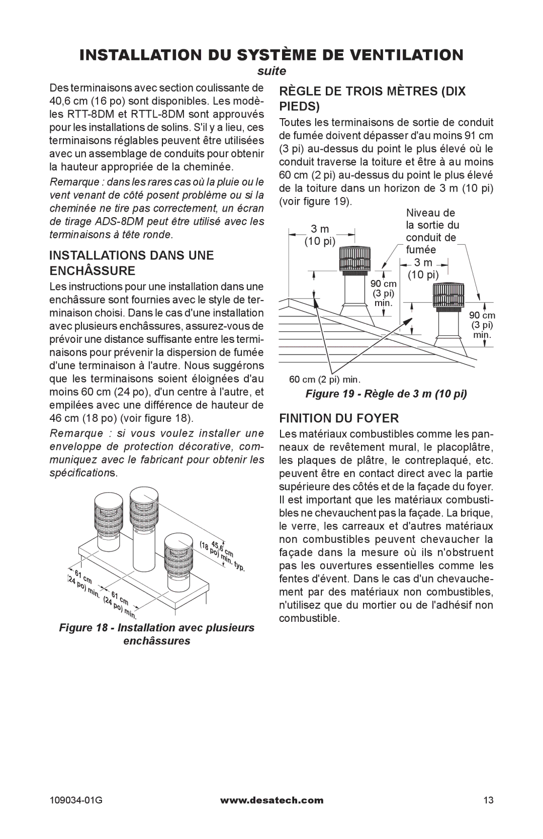 Desa (V)B36 Installations dans une enchâssure, Règle de trois mètres dix pieds, Finition du foyer, Conduit de, 90 cm 10 pi 