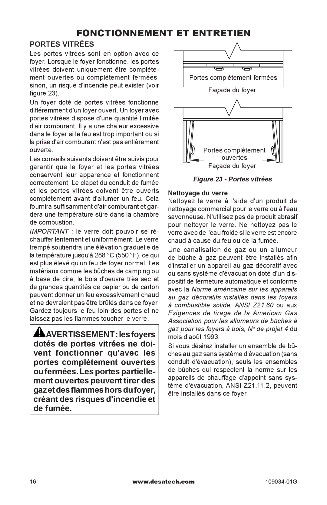 Desa (V)B36LI, (V)B36I, CWB36C installation manual Fonctionnement et entretien, Portes vitrées, Nettoyage du verre 