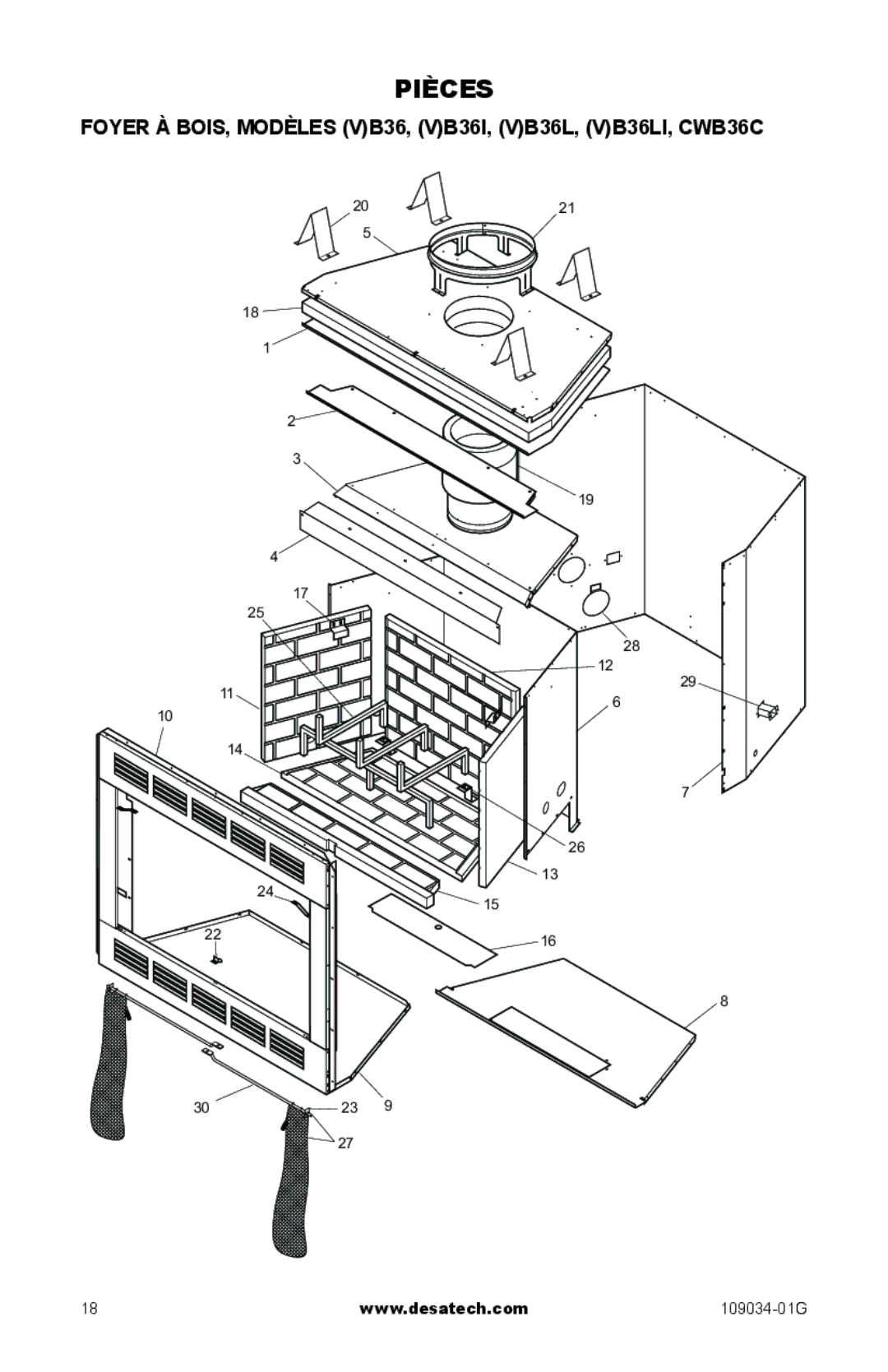 Desa (V)B36LI, (V)B36I installation manual Pièces, Foyer à bois, Modèles VB36, VB36I, VB36L, VB36LI, CWB36C 