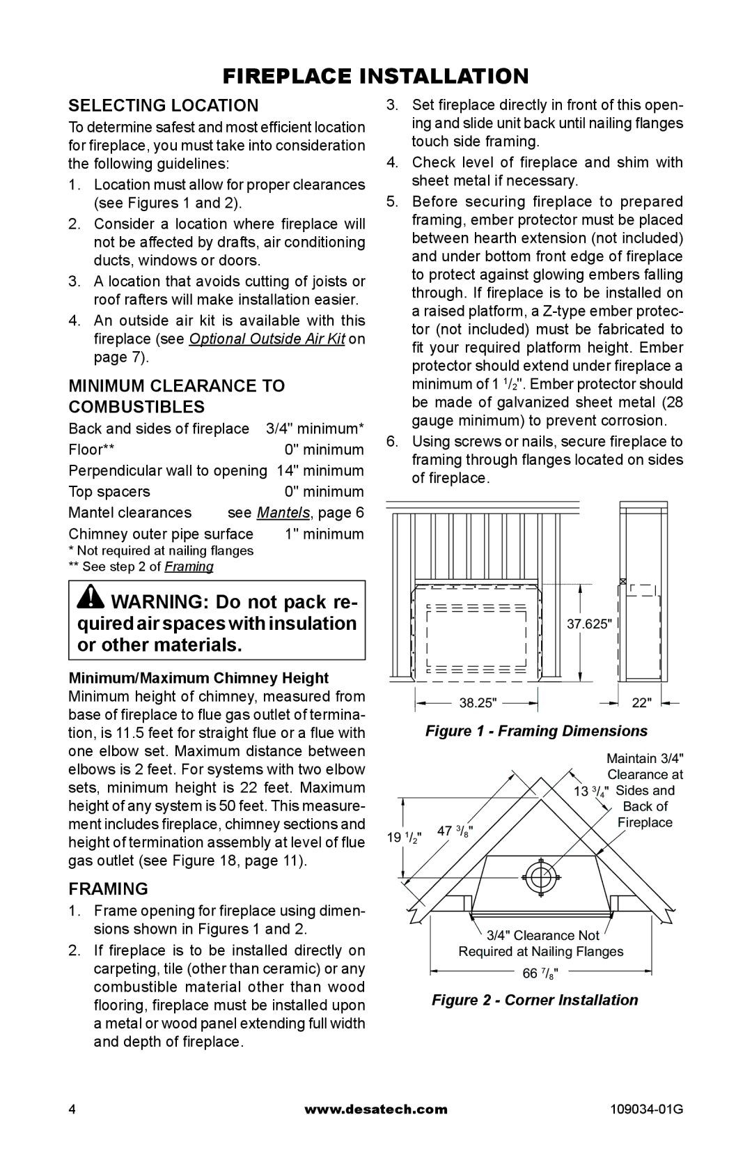 Desa CWB36C, (V)B36LI, (V)B36I Fireplace Installation, Selecting location, Minimum clearance to combustibles, Framing 