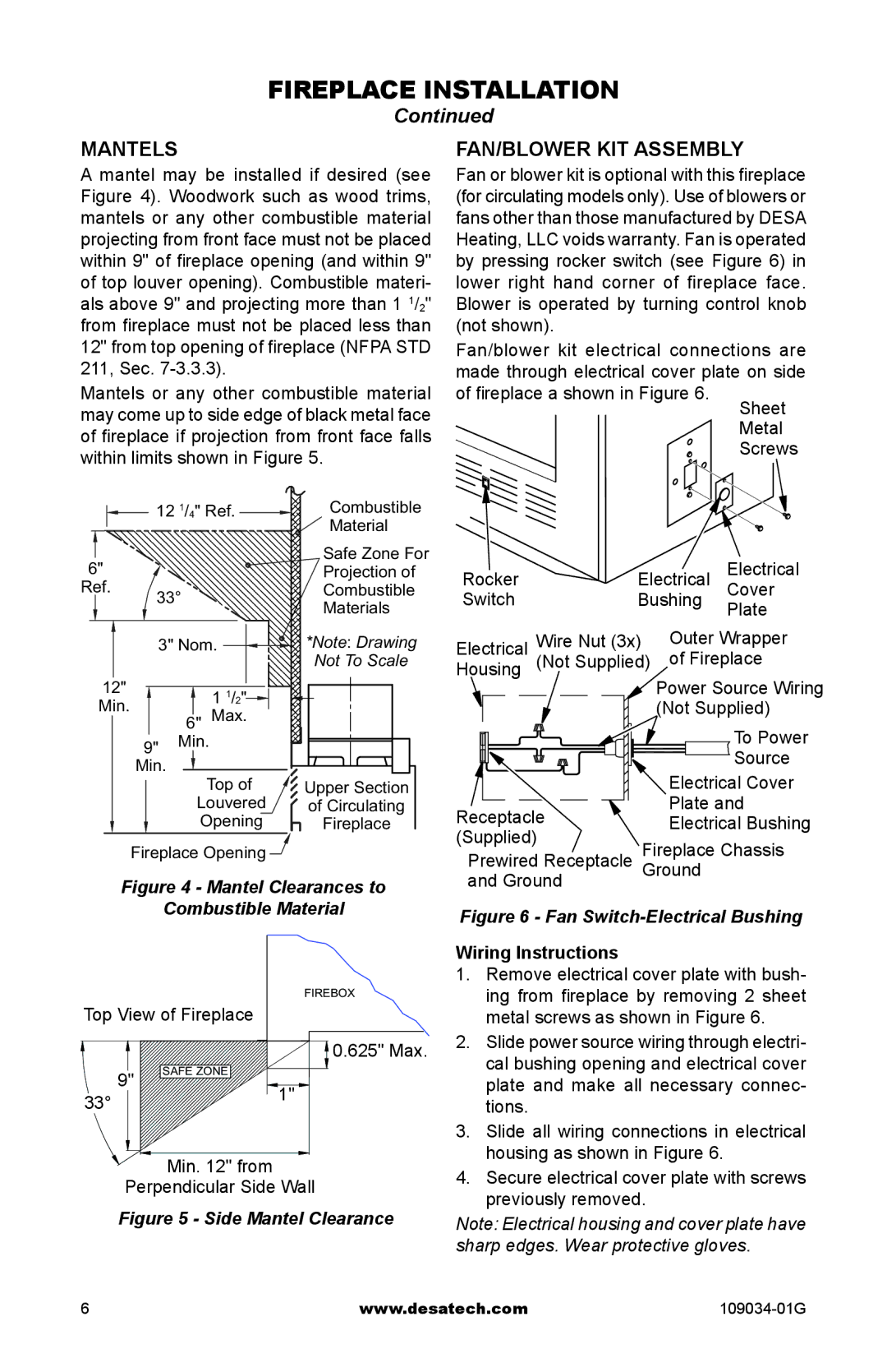 Desa (V)B36LI, (V)B36I, CWB36C installation manual Mantels, Fan/Blower Kit assembly, Wiring Instructions 