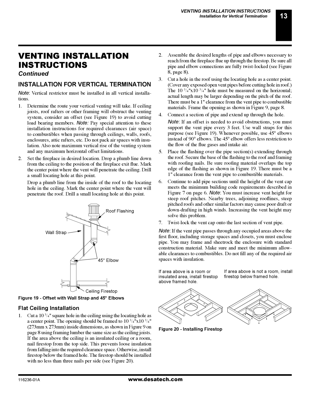 Desa VC42N SERIES, VC42P SERIES installation manual Installation for Vertical Termination, Flat Ceiling Installation 