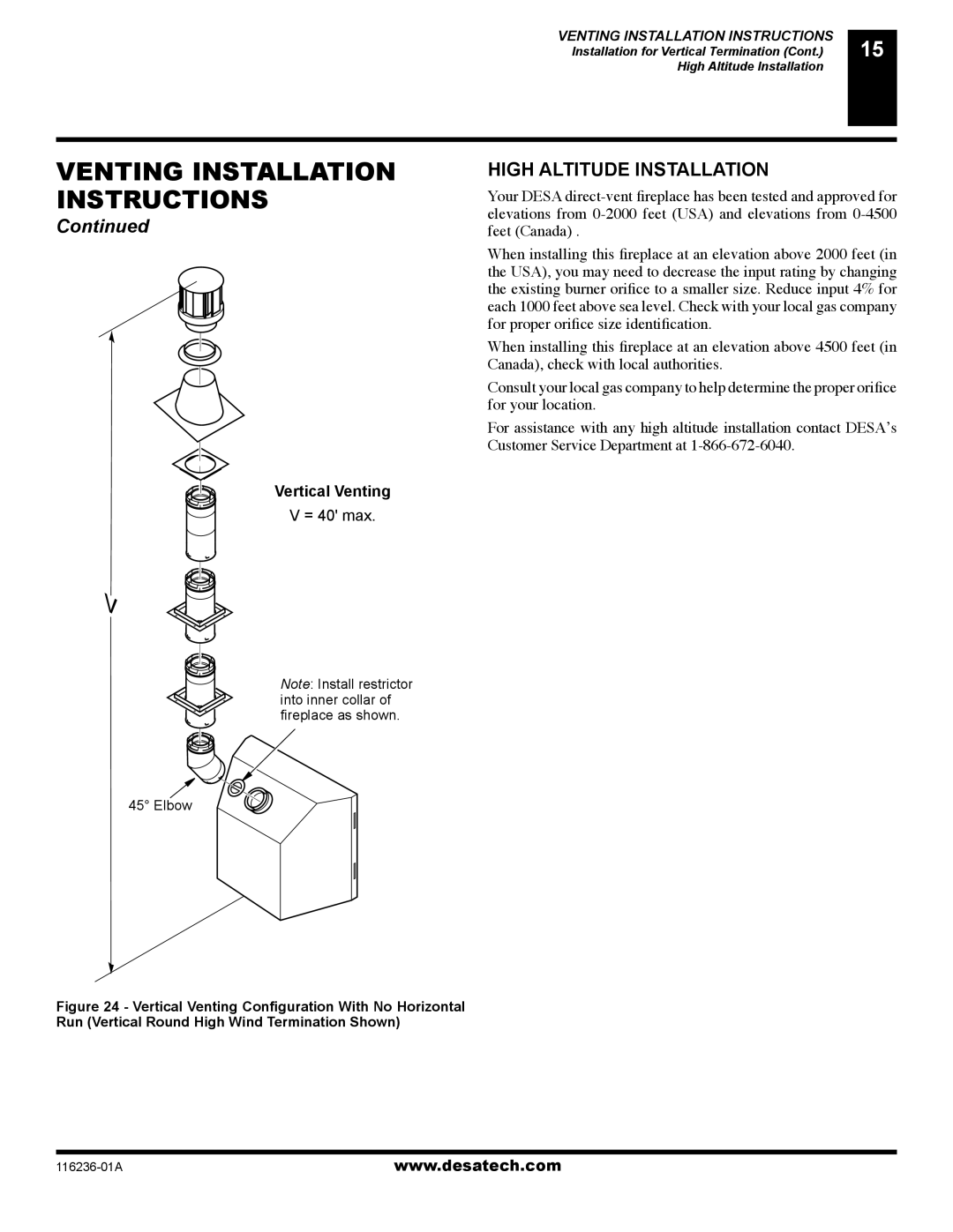 Desa VC42N SERIES, VC42P SERIES installation manual High Altitude Installation, Vertical Venting 