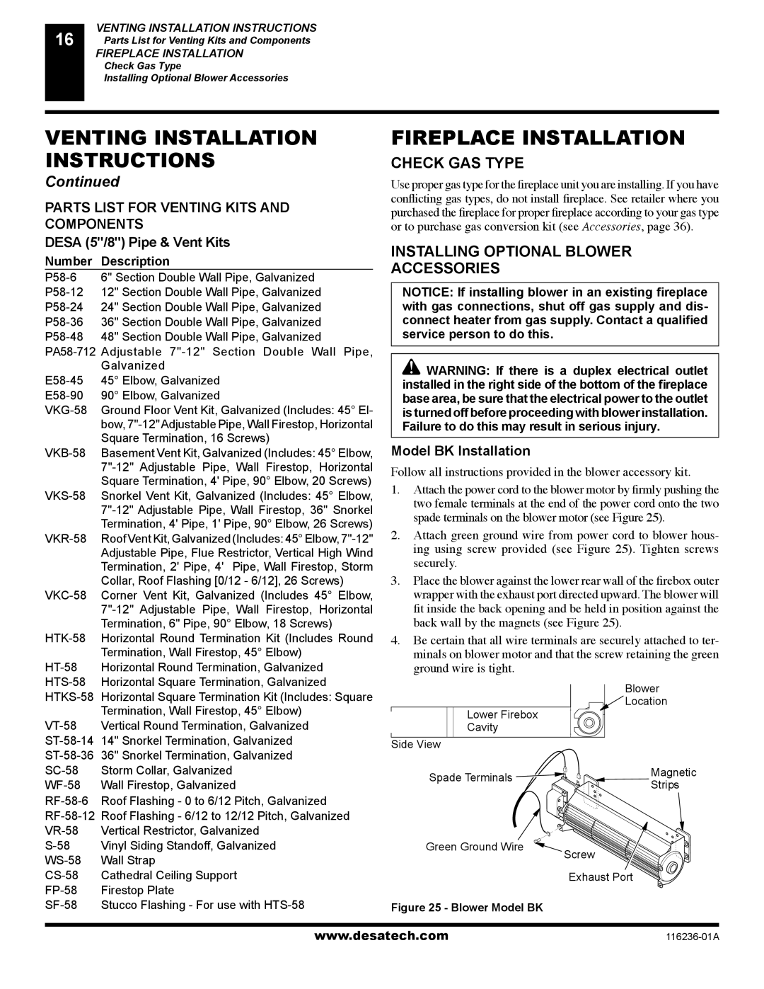 Desa VC42P SERIES Venting Installation, Fireplace Installation, Check GAS Type, Installing Optional Blower Accessories 