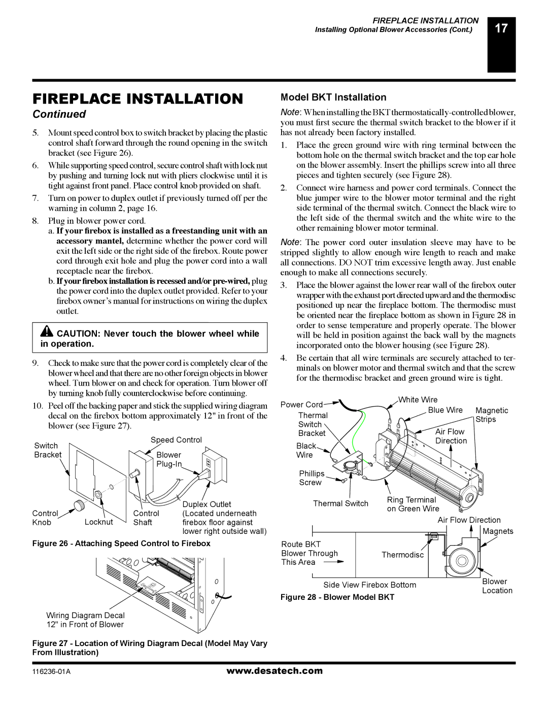 Desa VC42N SERIES, VC42P SERIES installation manual Model BKT Installation, Blower see Figure 