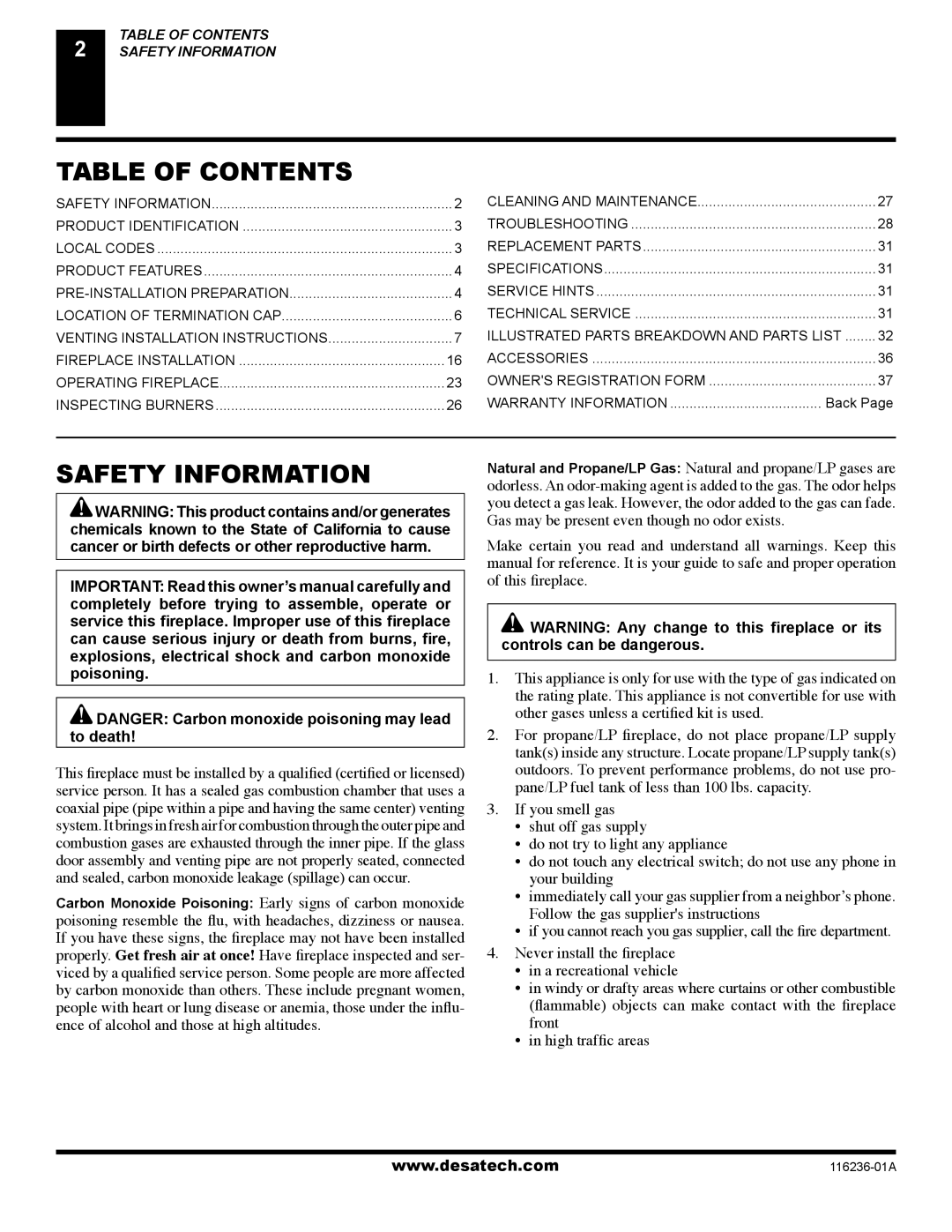 Desa VC42P SERIES, VC42N SERIES installation manual Table of Contents, Safety Information 