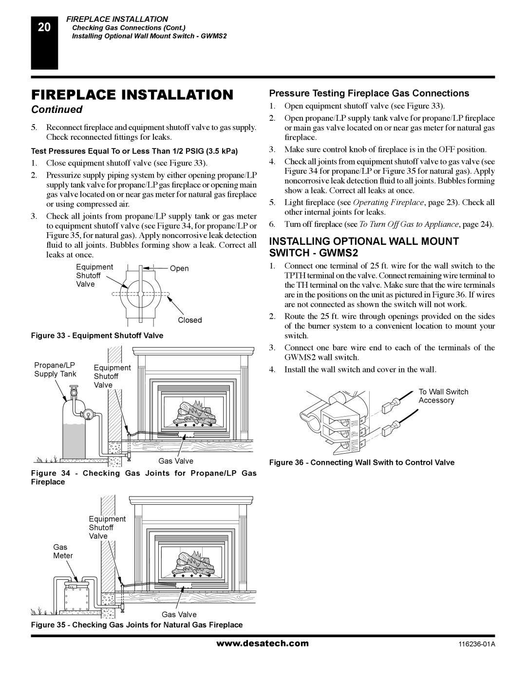 Desa VC42P SERIES, VC42N SERIES Installing Optional Wall Mount Switch GWMS2, Pressure Testing Fireplace Gas Connections 