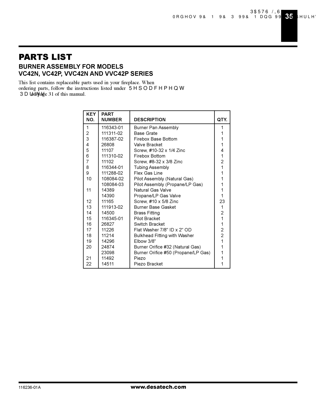 Desa VC42N SERIES, VC42P SERIES installation manual Parts List 