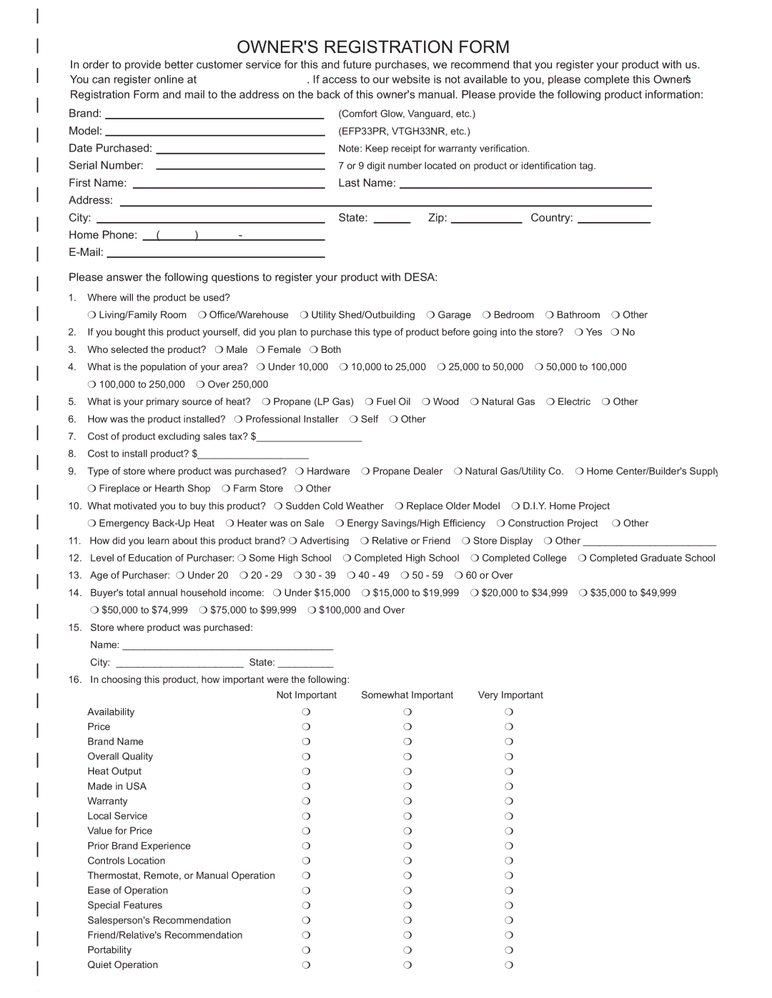 Desa VC42N SERIES, VC42P SERIES installation manual Owners Registration Form 