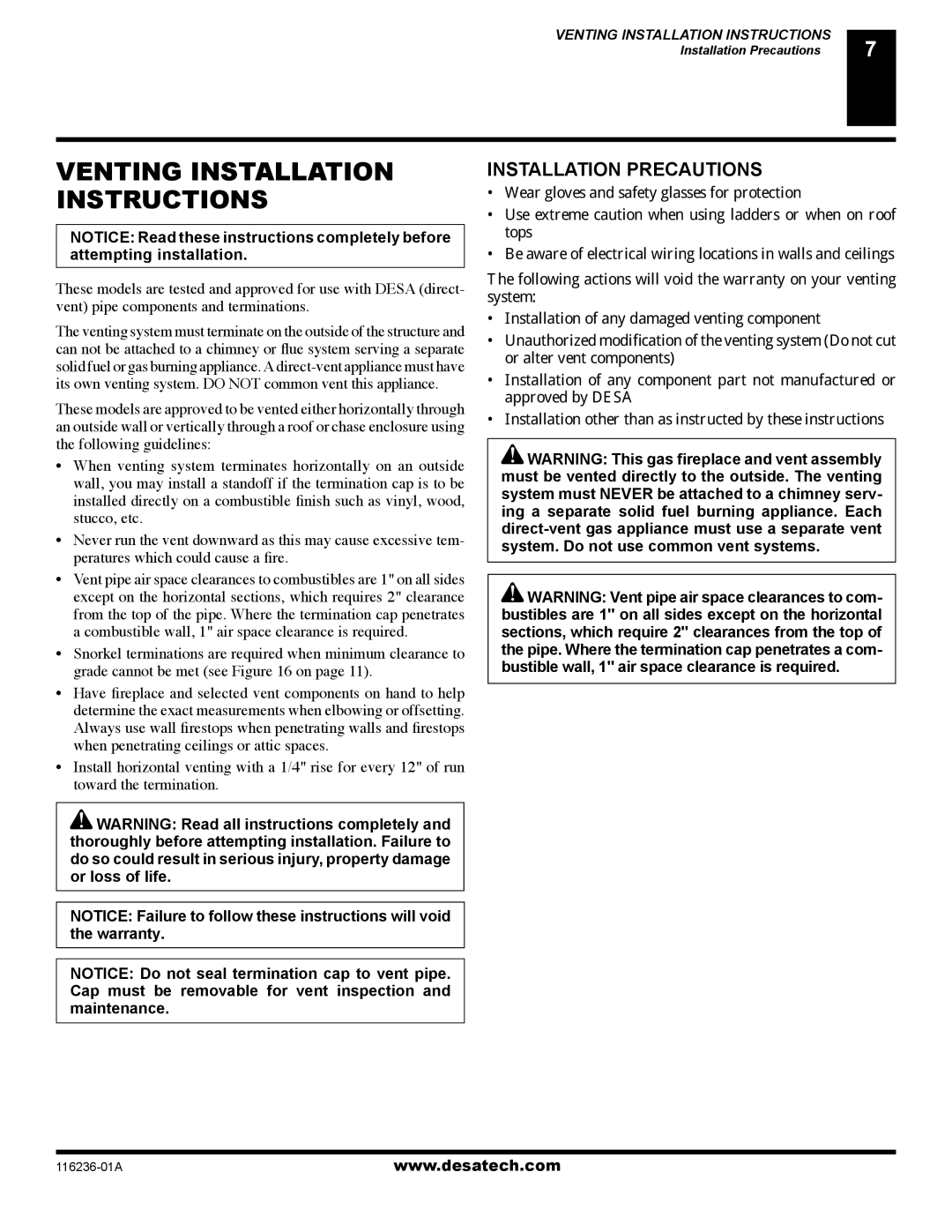 Desa VC42N SERIES, VC42P SERIES installation manual Venting Installation Instructions, Installation Precautions 