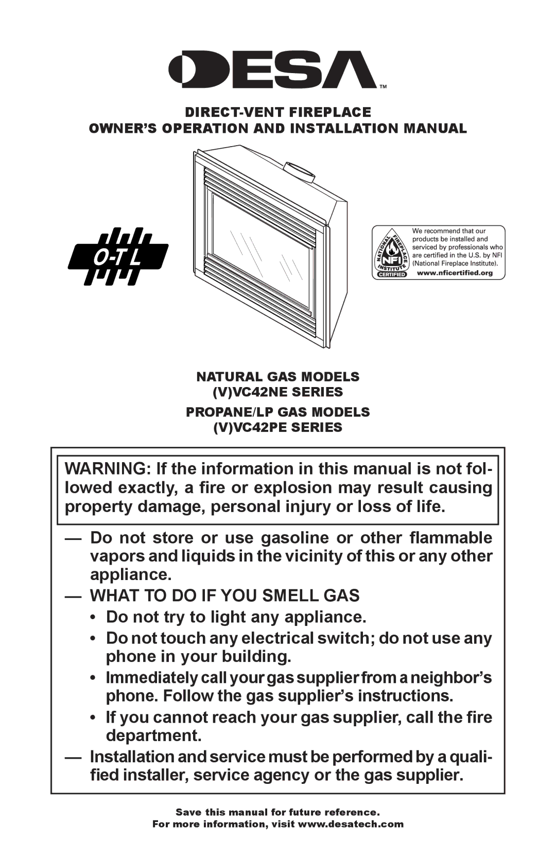 Desa VC42NE SERIES, VC42PE SERIES installation manual What to do if YOU Smell GAS 