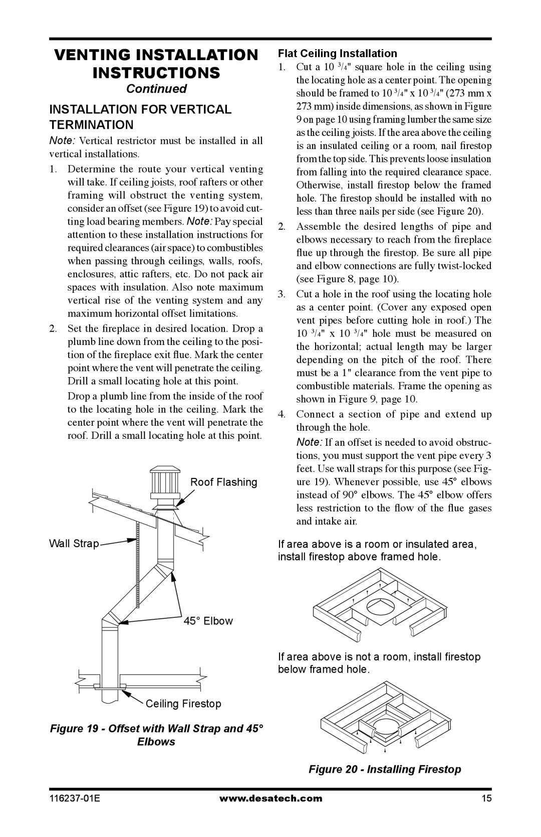 Desa VC42NE SERIES, VC42PE SERIES installation manual Installation for vertical termination, Flat Ceiling Installation 