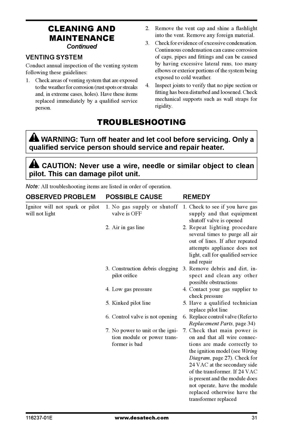 Desa VC42NE SERIES, VC42PE SERIES Troubleshooting, Venting system, Observed Problem Possible Cause Remedy 