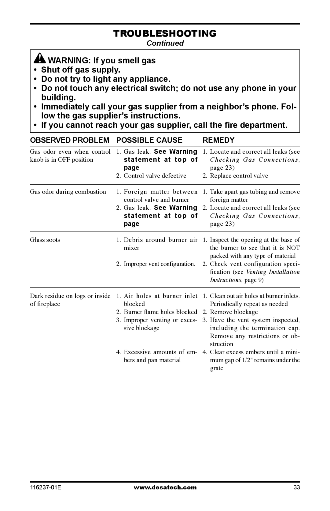 Desa VC42NE SERIES, VC42PE SERIES installation manual Statement at top, Gas leak. See Warning 