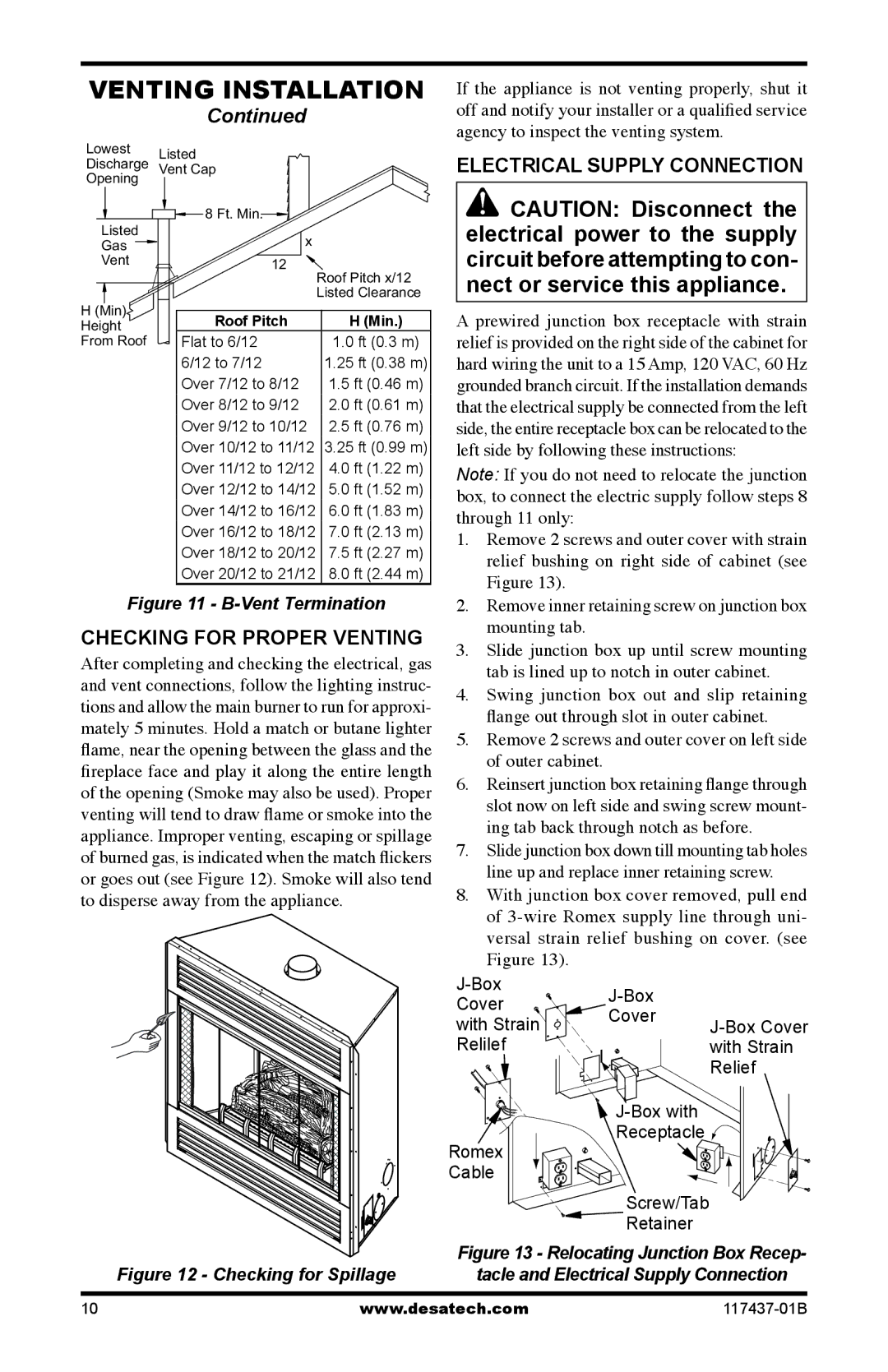 Desa (V)CB36P(E), (V)CB36N(E) operation manual Checking for Proper Venting, Electrical Supply Connection 