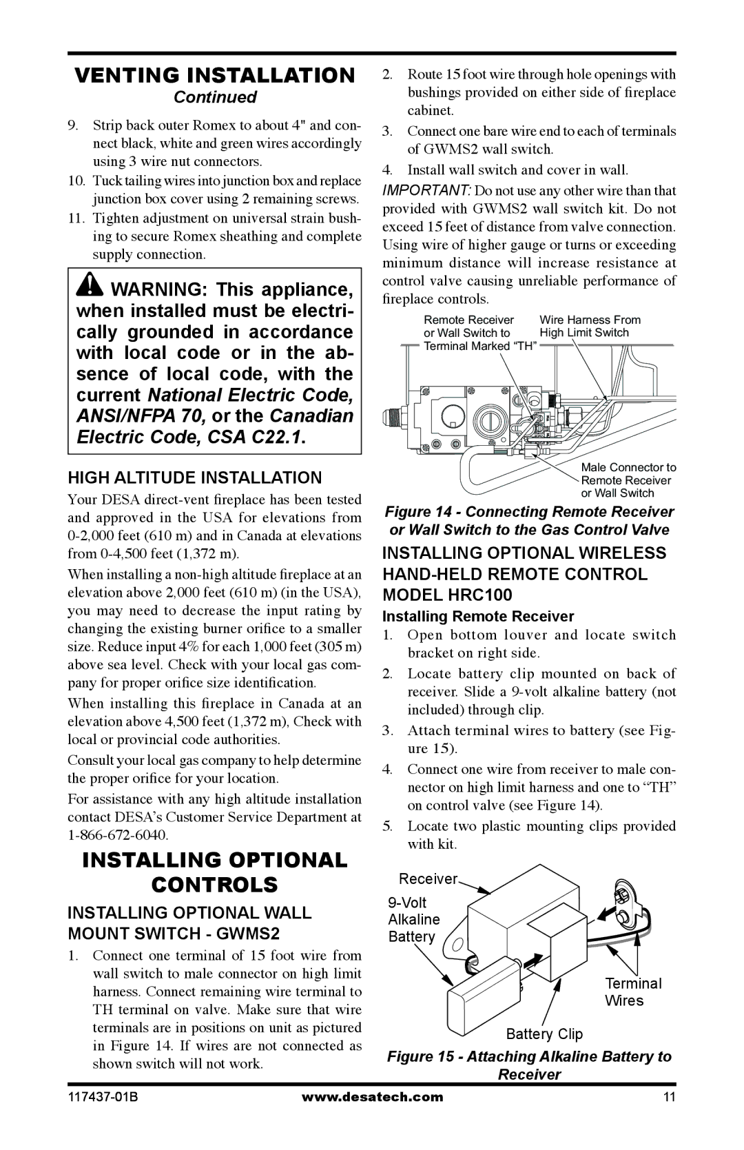 Desa (V)CB36N(E) Installing Optional Controls, High Altitude Installation, Installing Optional Wall Mount Switch GWMS2 