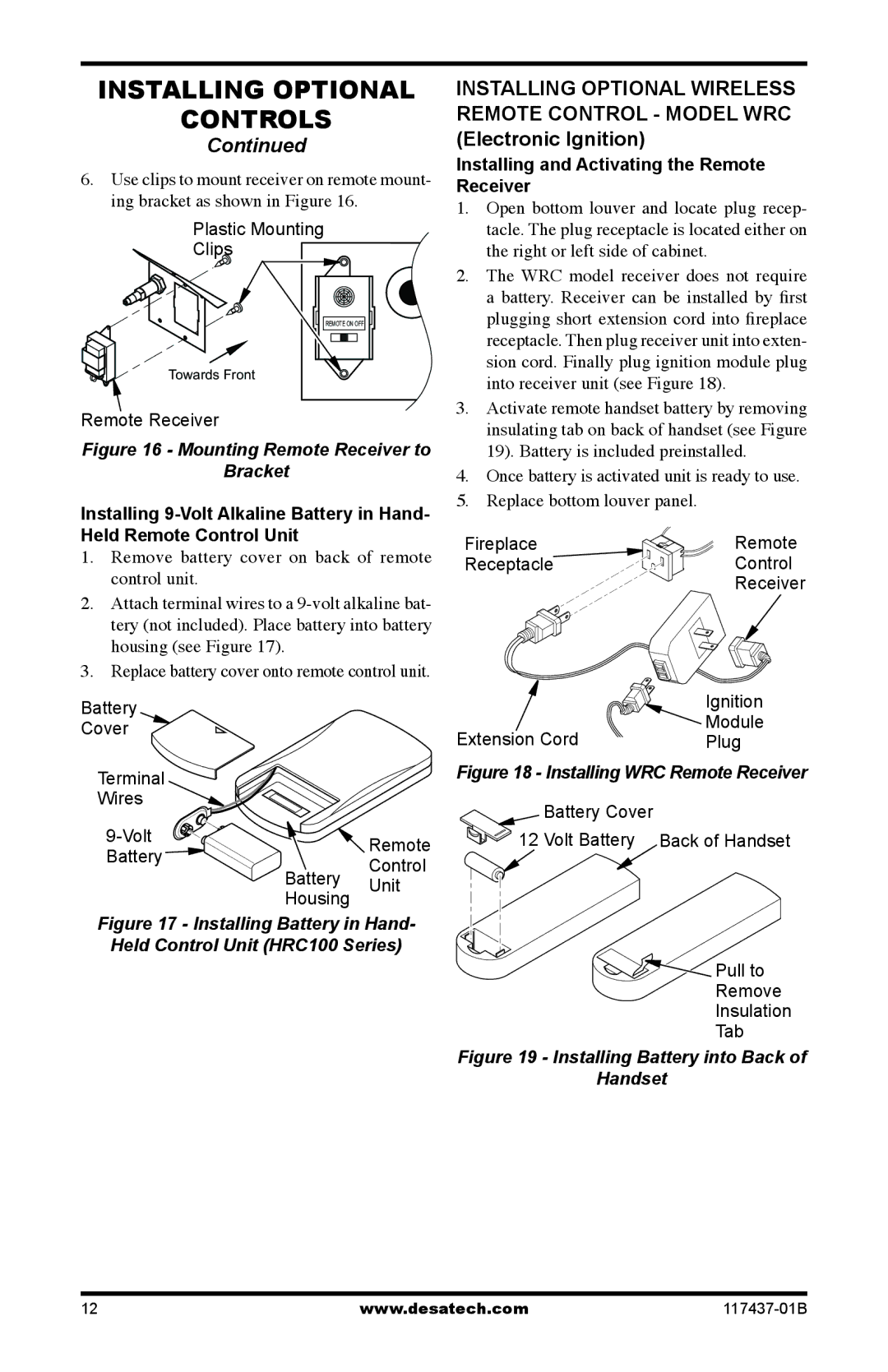 Desa (V)CB36P(E), (V)CB36N(E) operation manual Installing Optional Controls, Installing and Activating the Remote Receiver 