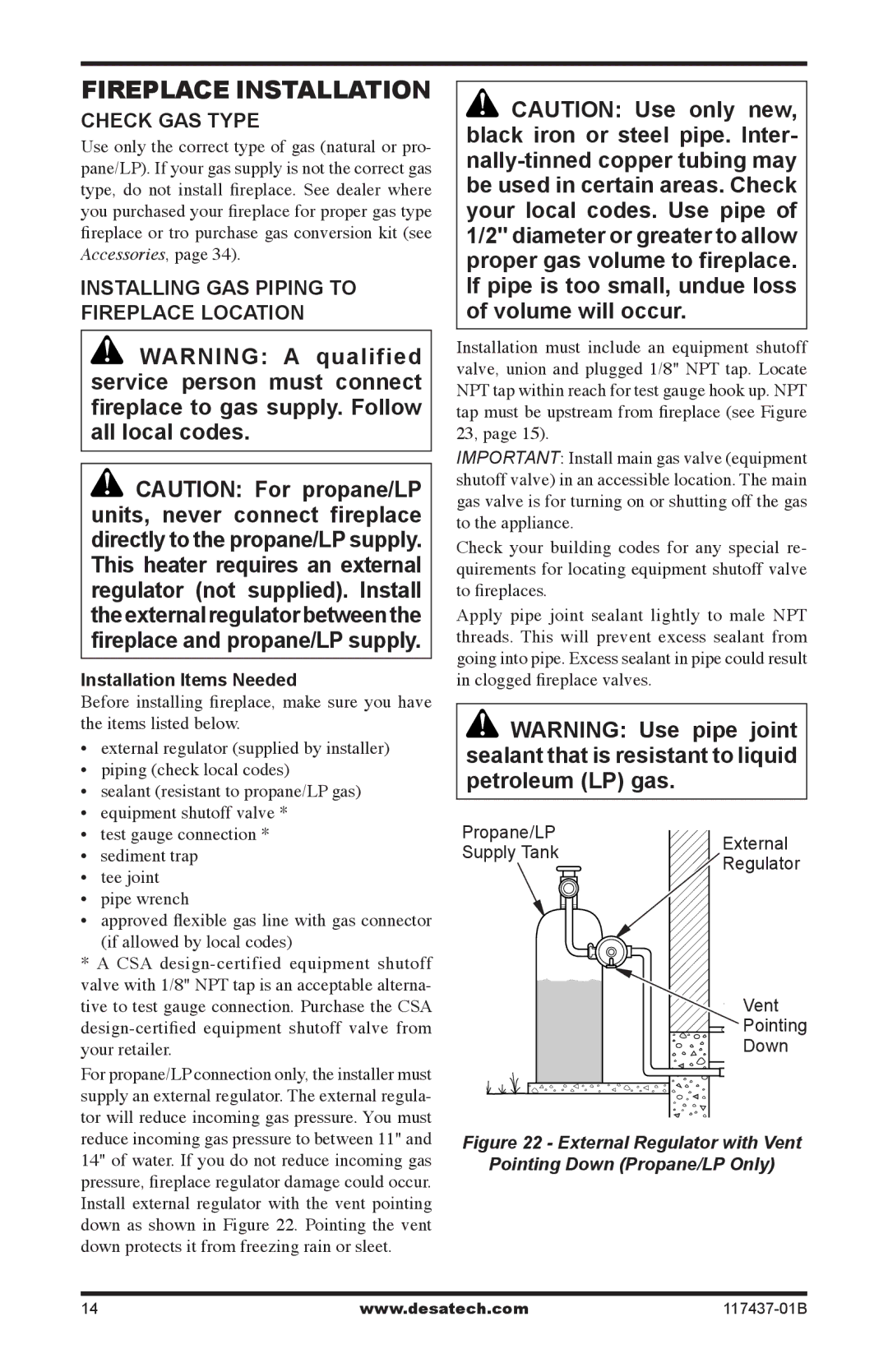 Desa (V)CB36P(E), (V)CB36N(E) Fireplace Installation, Check GAS Type, Installing Gas Piping to Fireplace Location 