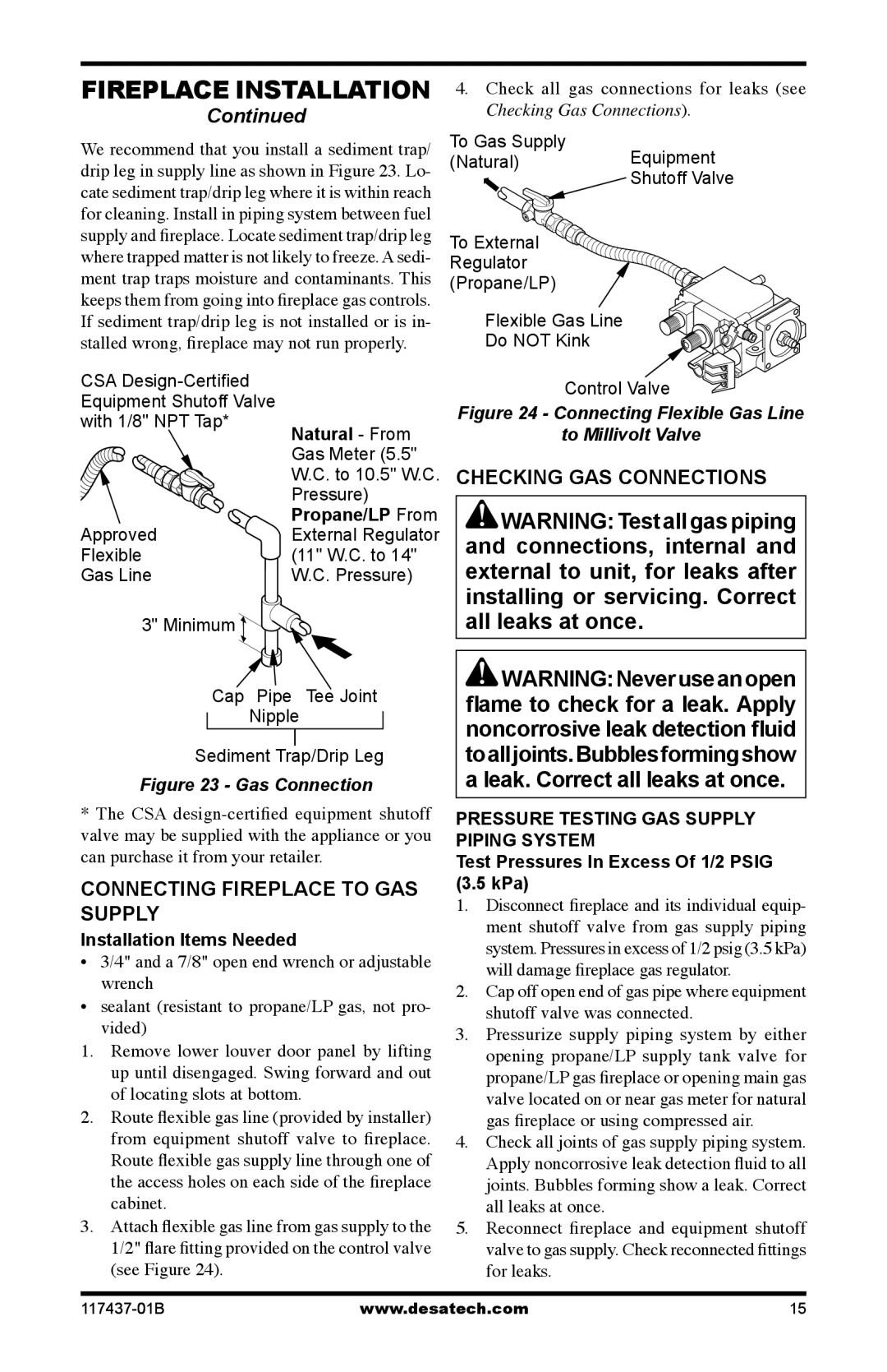 Desa (V)CB36N(E), (V)CB36P(E) operation manual Connecting Fireplace to GAS Supply, Checking GAS Connections, Natural From 