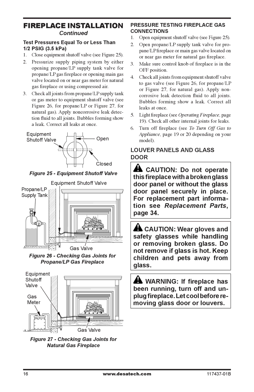 Desa (V)CB36P(E), (V)CB36N(E) Louver Panels and Glass Door, Test Pressures Equal To or Less Than Psig 3.5 kPa 