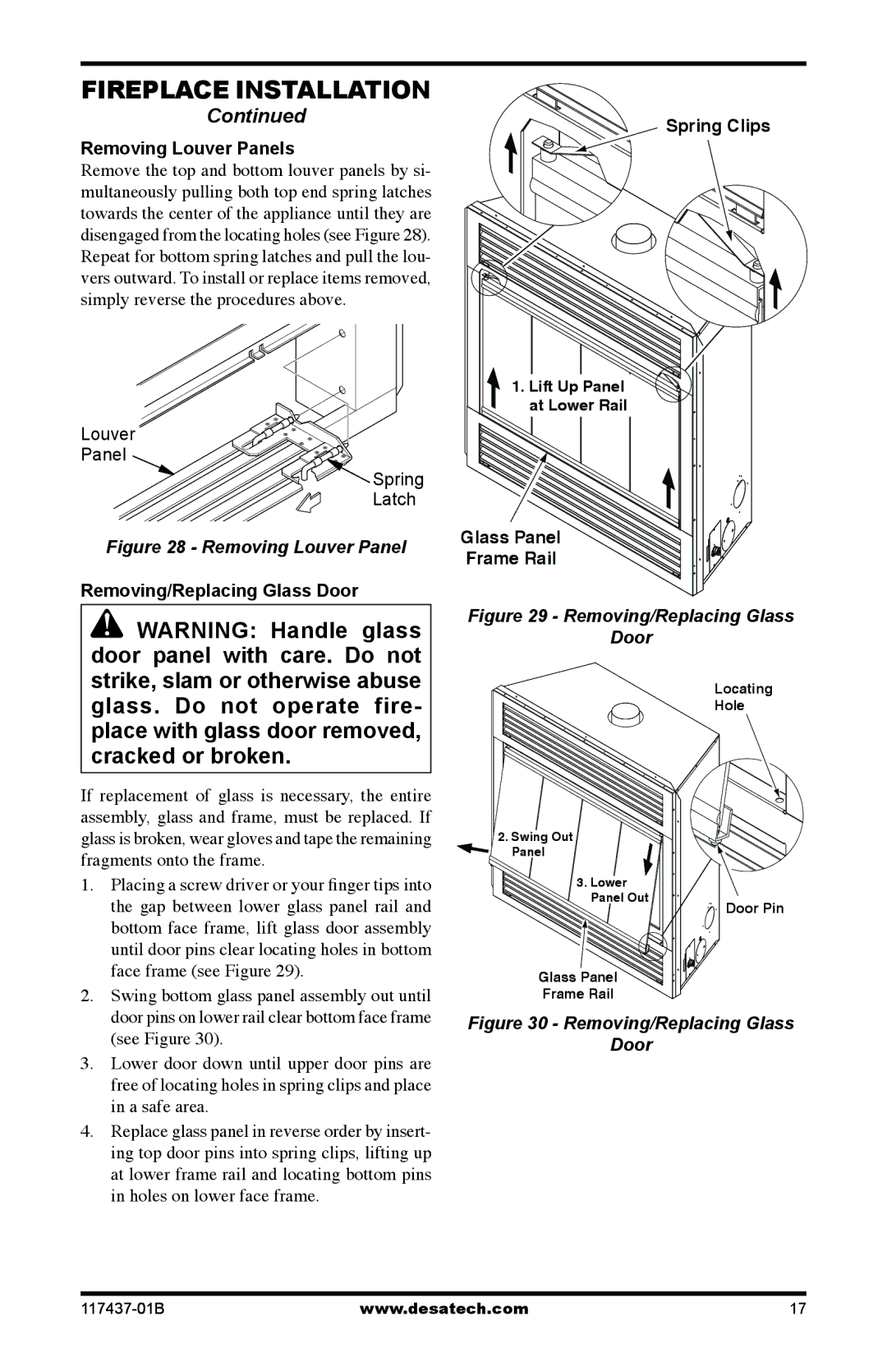 Desa (V)CB36N(E), (V)CB36P(E) Removing Louver Panels, Removing/Replacing Glass Door Spring Clips, Glass Panel Frame Rail 