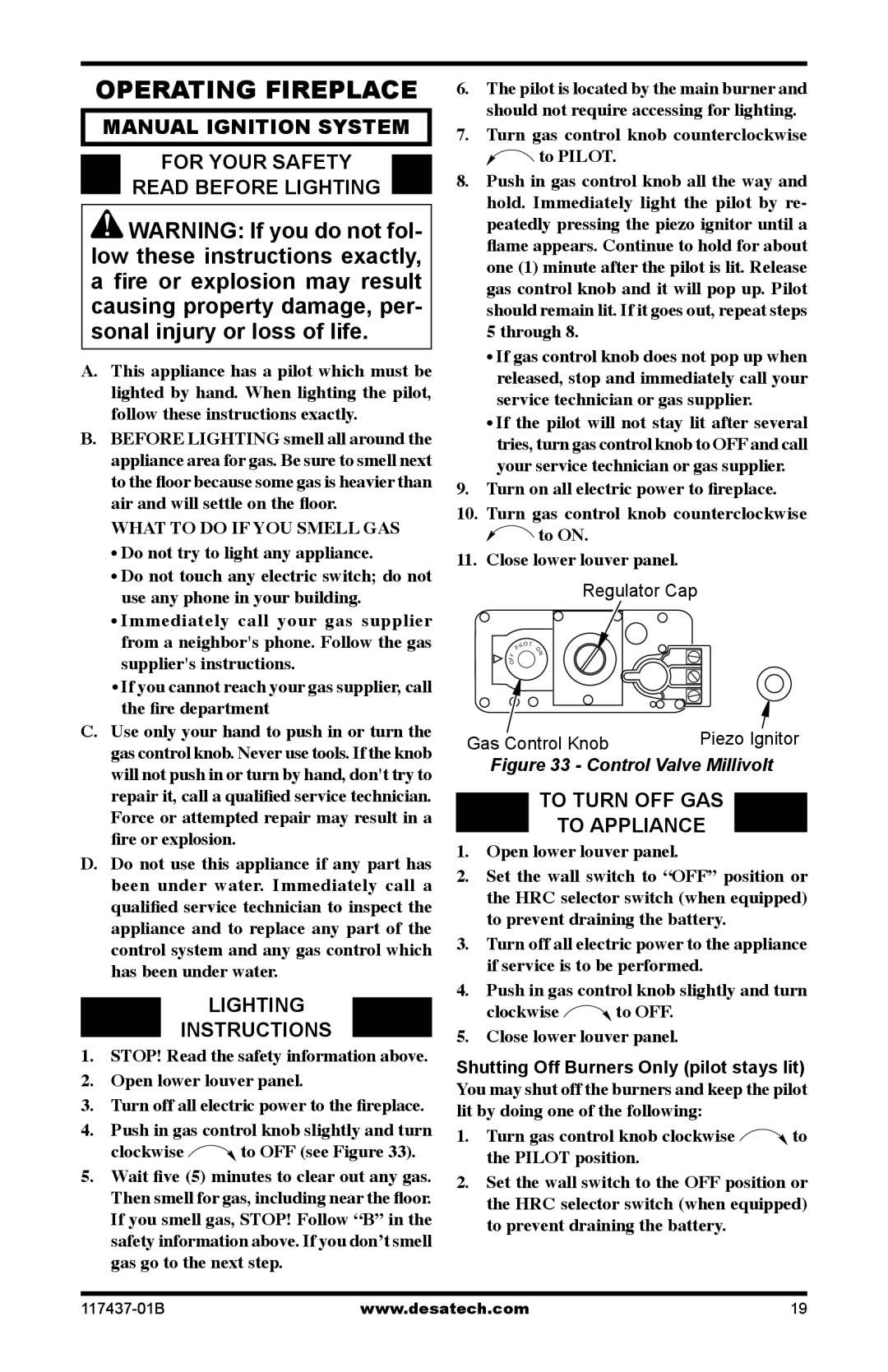 Desa (V)CB36N(E) Operating Fireplace, Manual Ignition System For your safety Read before lighting, Lighting Instructions 