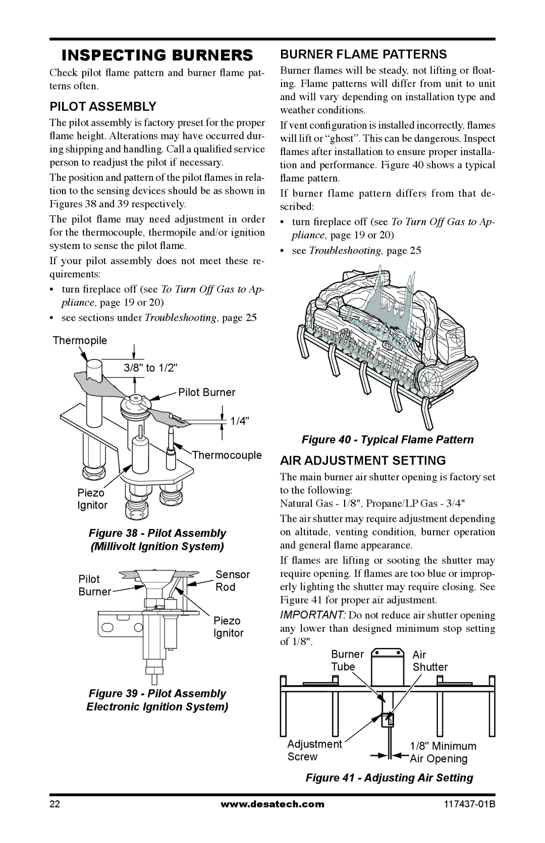 Desa (V)CB36P(E), (V)CB36N(E) Inspecting Burners, Pilot Assembly, Burner Flame Patterns, Air Adjustment Setting 