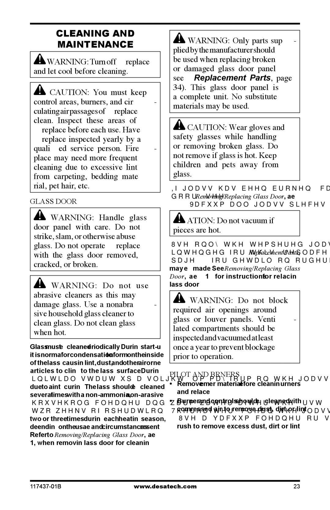 Desa (V)CB36N(E), (V)CB36P(E) operation manual Cleaning Maintenance, Glass Door, Pilot and Burners 