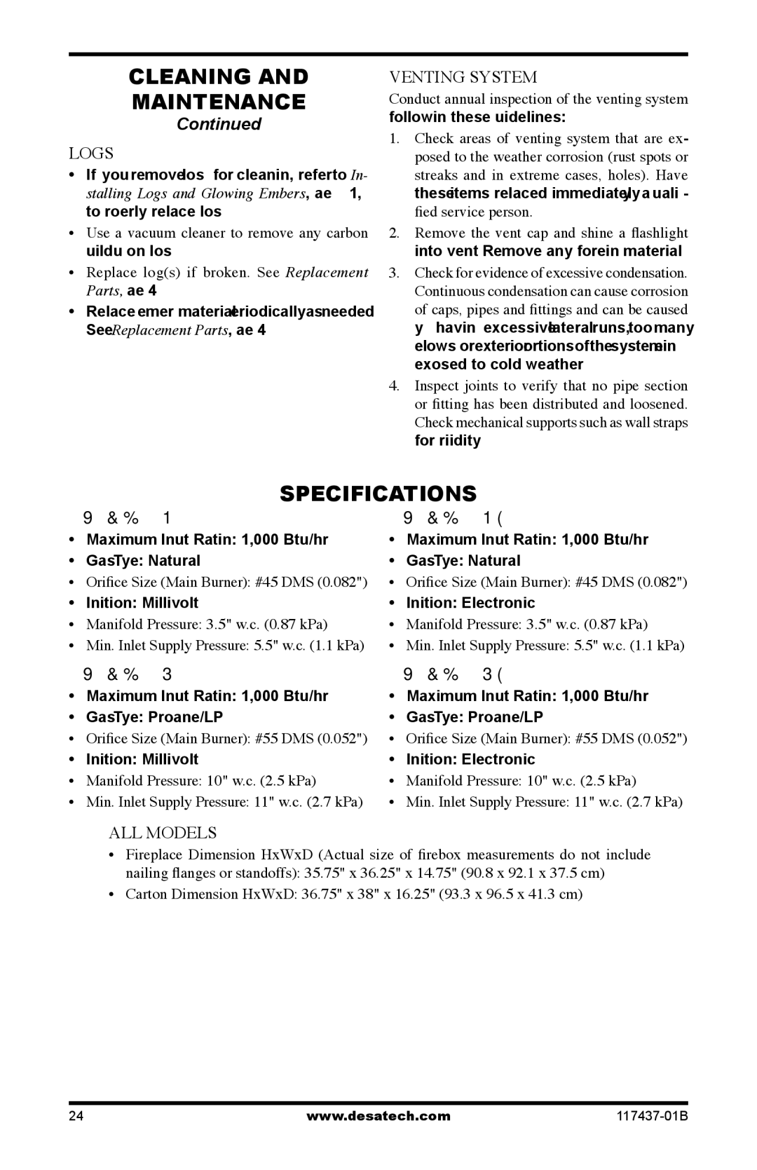 Desa (V)CB36P(E), (V)CB36N(E) operation manual Specifications, Logs, Venting System, VCB36NE, VCB36PE 