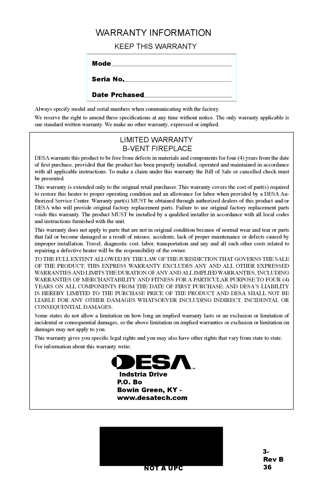 Desa (V)CB36P(E), (V)CB36N(E) operation manual Warranty Information, Keep this Warranty, Limited Warranty Vent Fireplace 