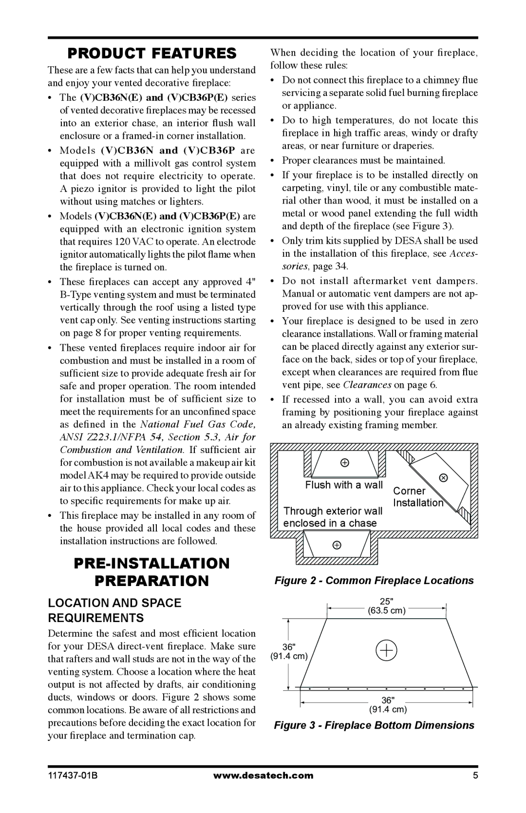 Desa (V)CB36N(E), (V)CB36P(E) Product Features, Pre-Installation Preparation, Location and space requirements 