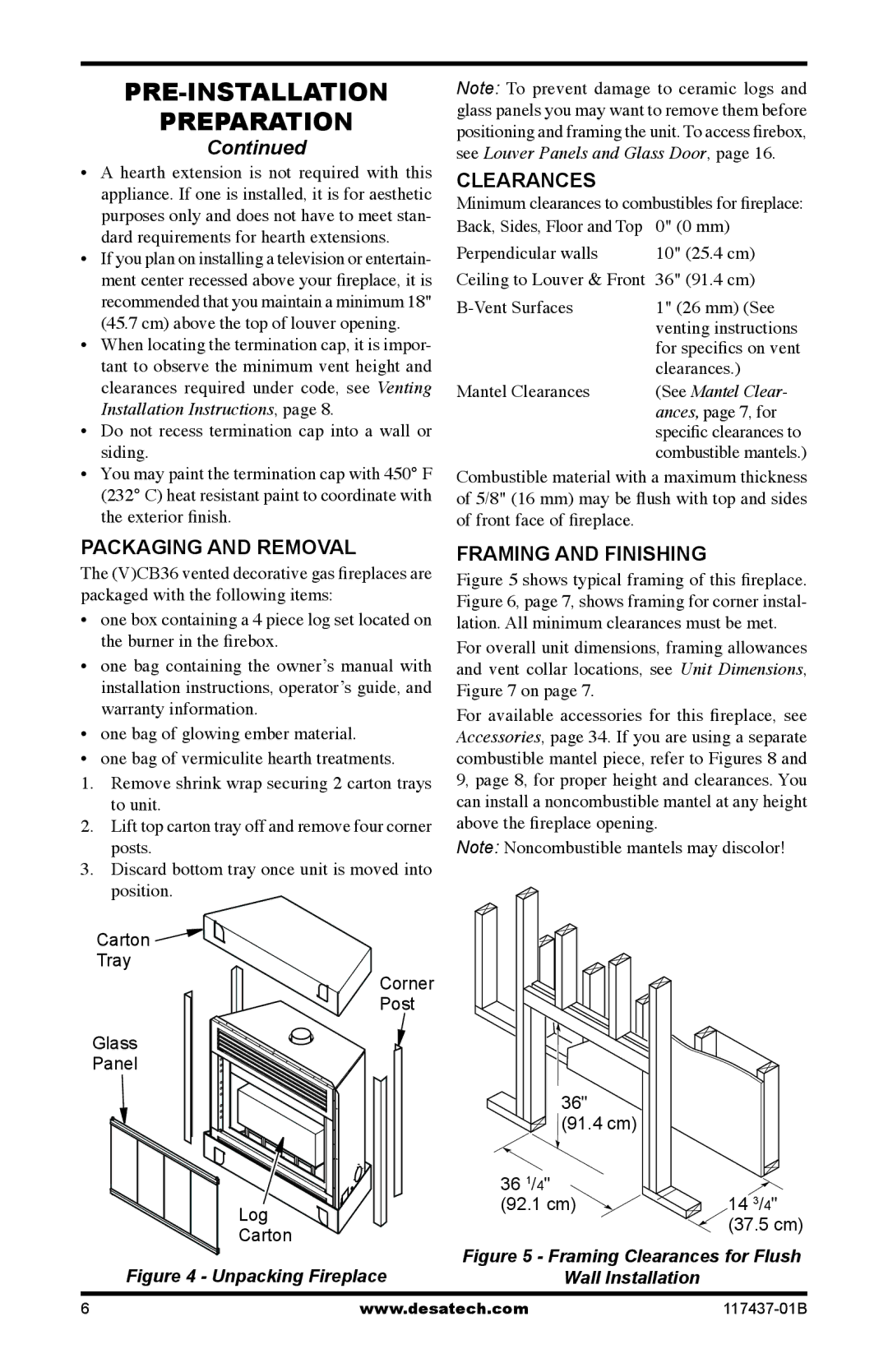 Desa (V)CB36P(E), (V)CB36N(E) operation manual Packaging and Removal, Clearances, Framing and Finishing 