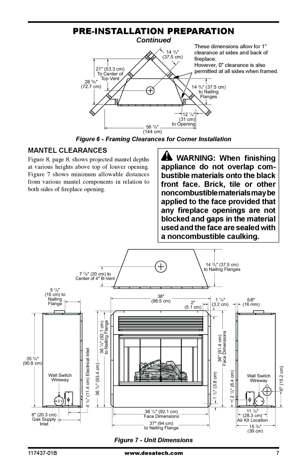 Desa (V)CB36N(E), (V)CB36P(E) operation manual Mantel Clearances, However, 0 clearance is also 