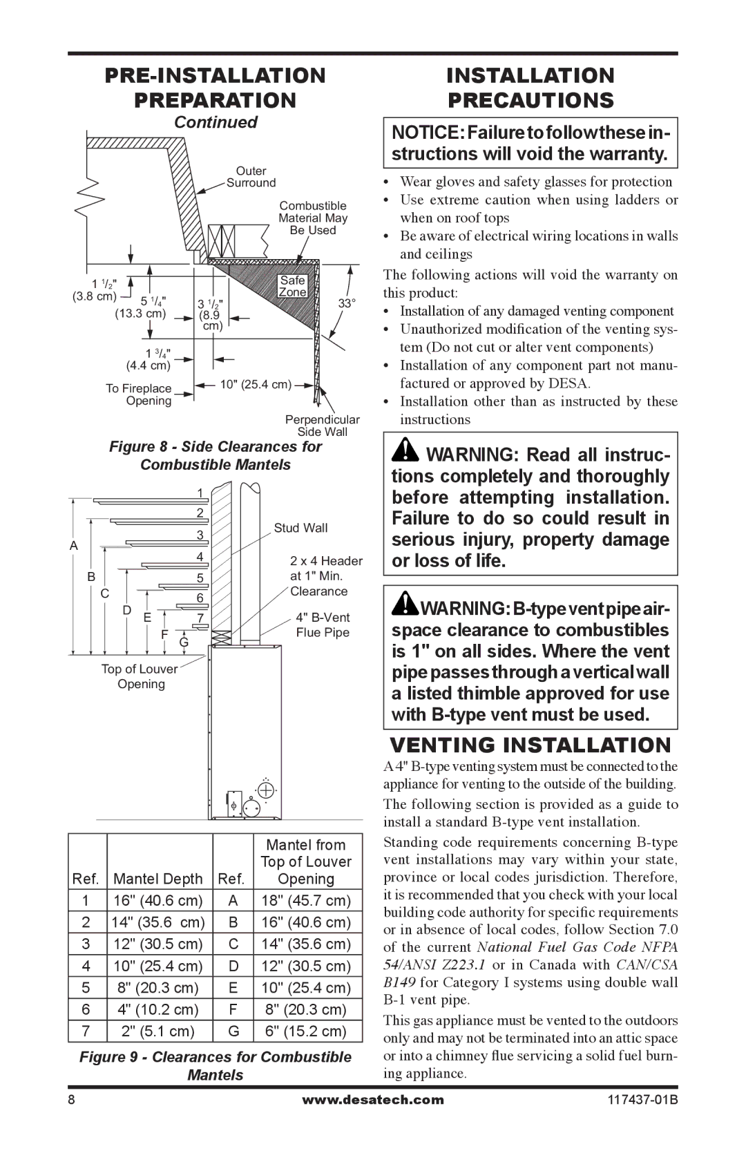 Desa (V)CB36P(E), (V)CB36N(E) operation manual Installation Precautions, Venting Installation 