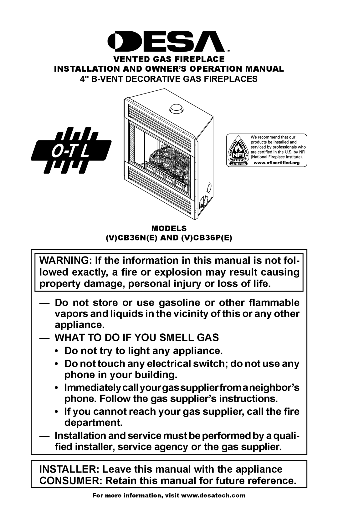 Desa (V)CB36N(E), (V)CB36P(E) operation manual What To Do If You Smell Gas 