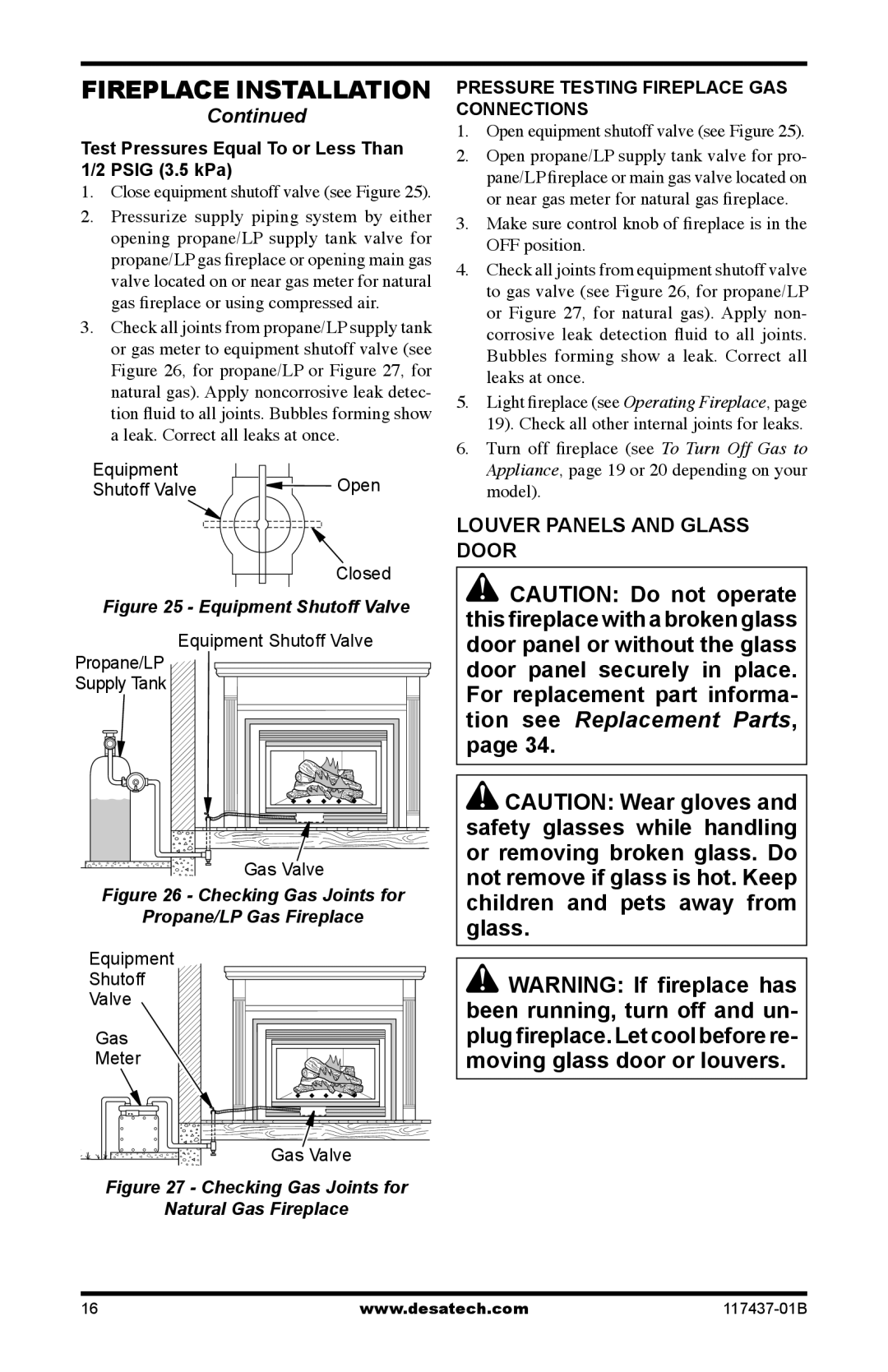 Desa (V)CB36P(E), (V)CB36N(E) operation manual Fireplace Installation, children and pets away from glass 