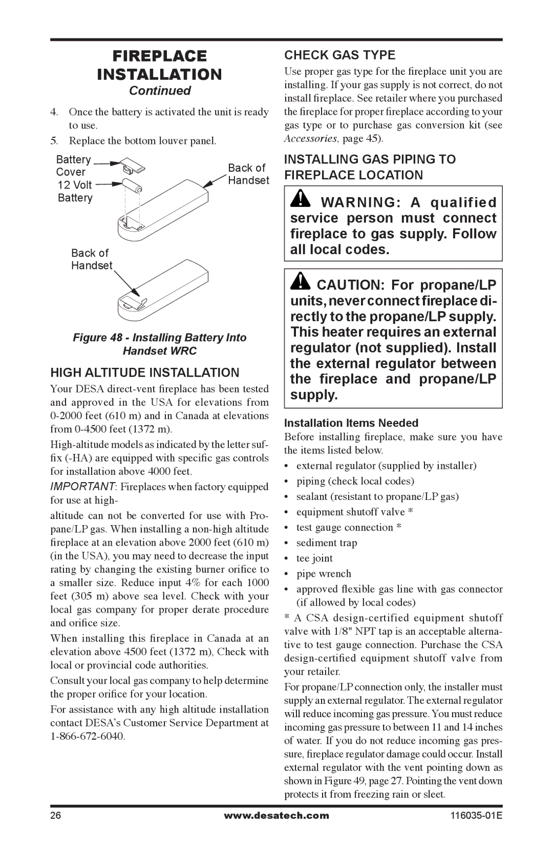 Desa (V)CD36TNE, (V)CD36RPE High Altitude installation, Check Gas Type, Installing Gas Piping to Fireplace Location 