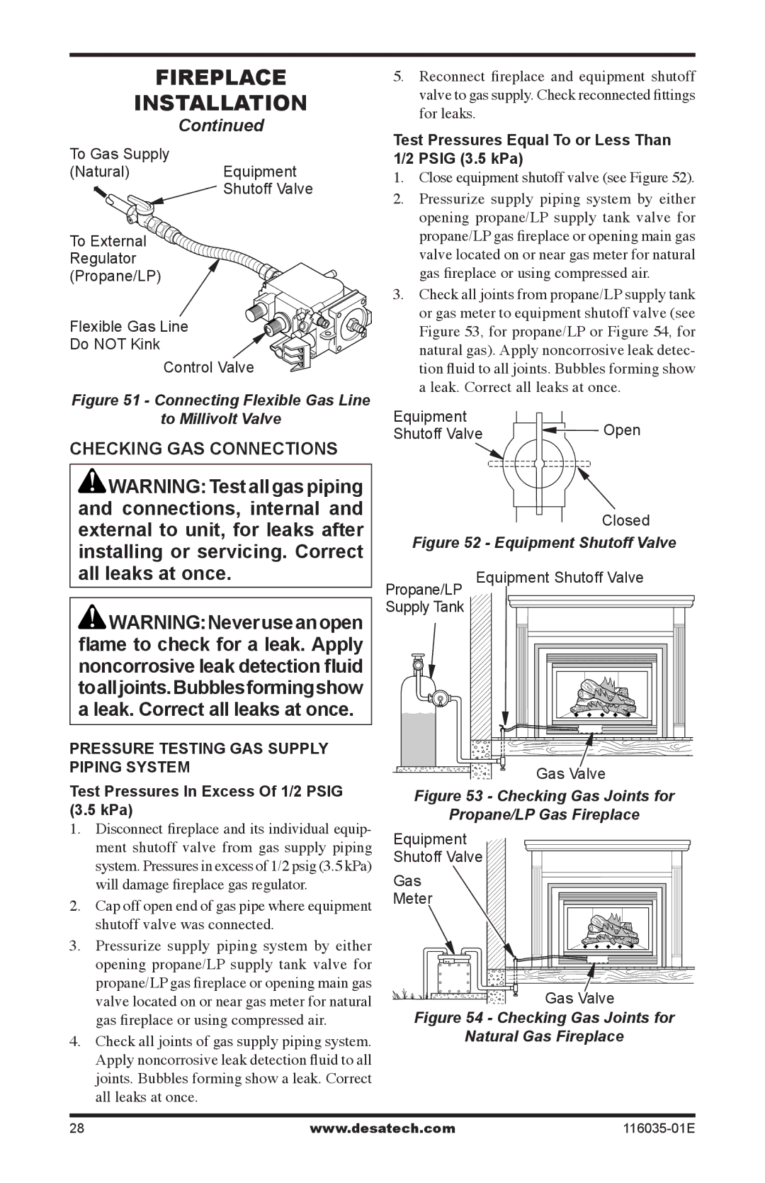 Desa (V)CD36TPE, (V)CD36RPE, (V)CD36TNE Checking GAS Connections, Test Pressures Equal To or Less Than Psig 3.5 kPa 