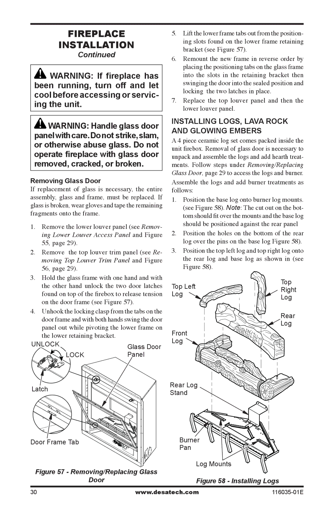 Desa (V)CD36RNE, (V)CD36RPE, (V)CD36TP, (V)CD36TNE Installing LOGS, lava rock and glowing embers, Removing Glass Door 