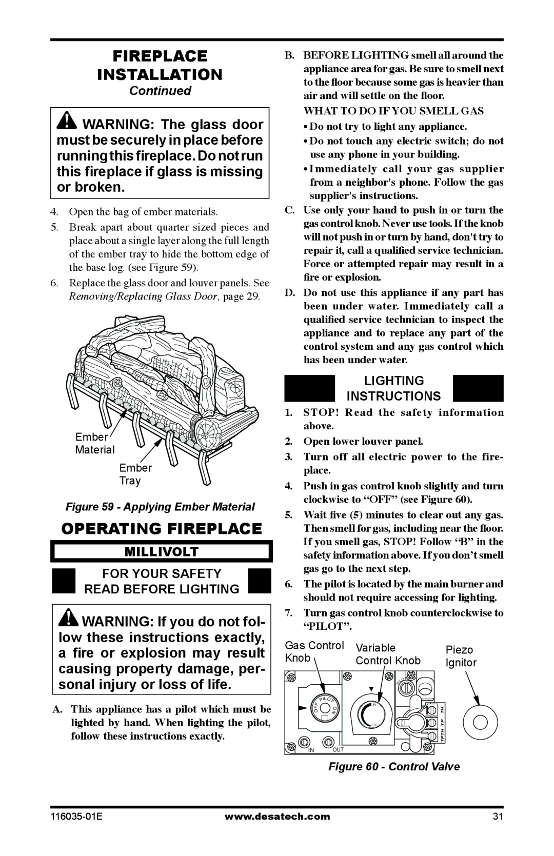 Desa V)CD36RN, (V)CD36RPE Operating Fireplace, Millivolt For your safety Read before lighting, Lighting Instructions 