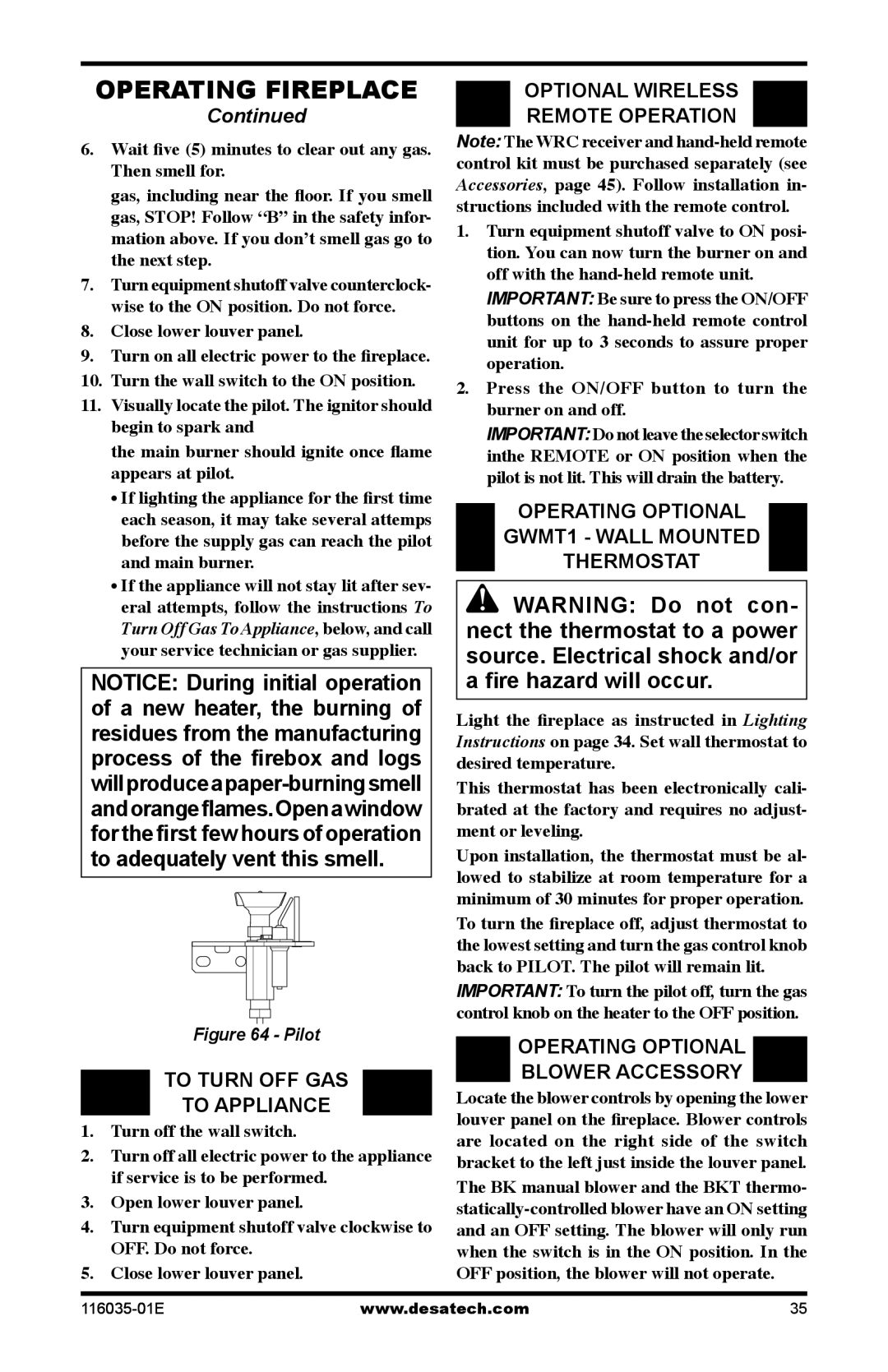 Desa (V)CD36RPE, (V)CD36TNE, (V)CD36TPE, (V)CD36RNE installation manual Optional Wireless Remote Operation, Pilot 