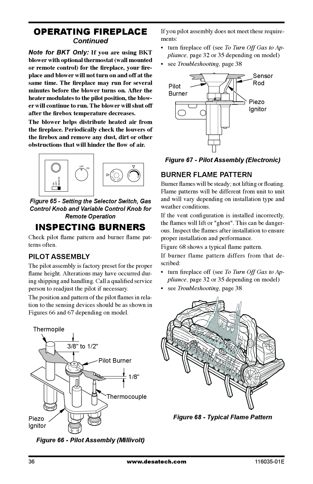 Desa (V)CD36TPE, (V)CD36RPE, (V)CD36TNE, (V)CD36RNE Inspecting Burners, Pilot assembly, Burner Flame Pattern 