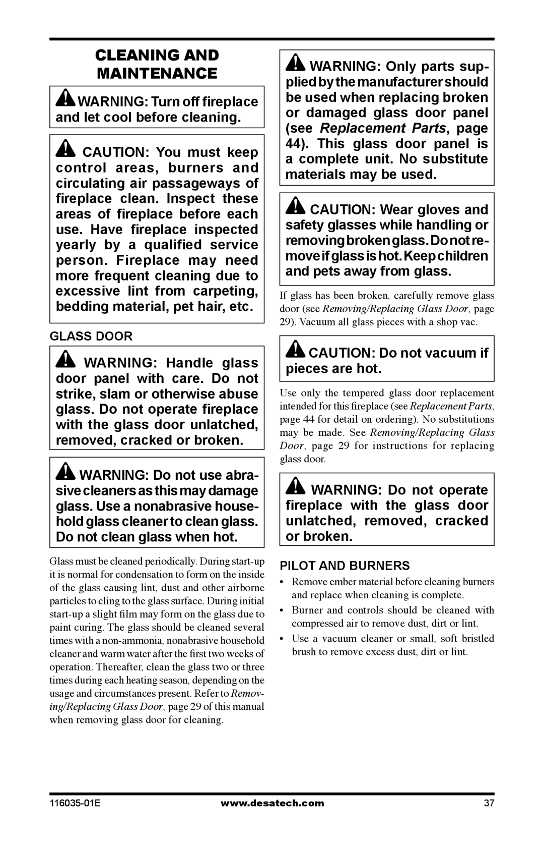 Desa (V)CD36RPE, (V)CD36TNE, (V)CD36TPE, (V)CD36RNE Cleaning Maintenance, Glass Door, Pilot and burners 