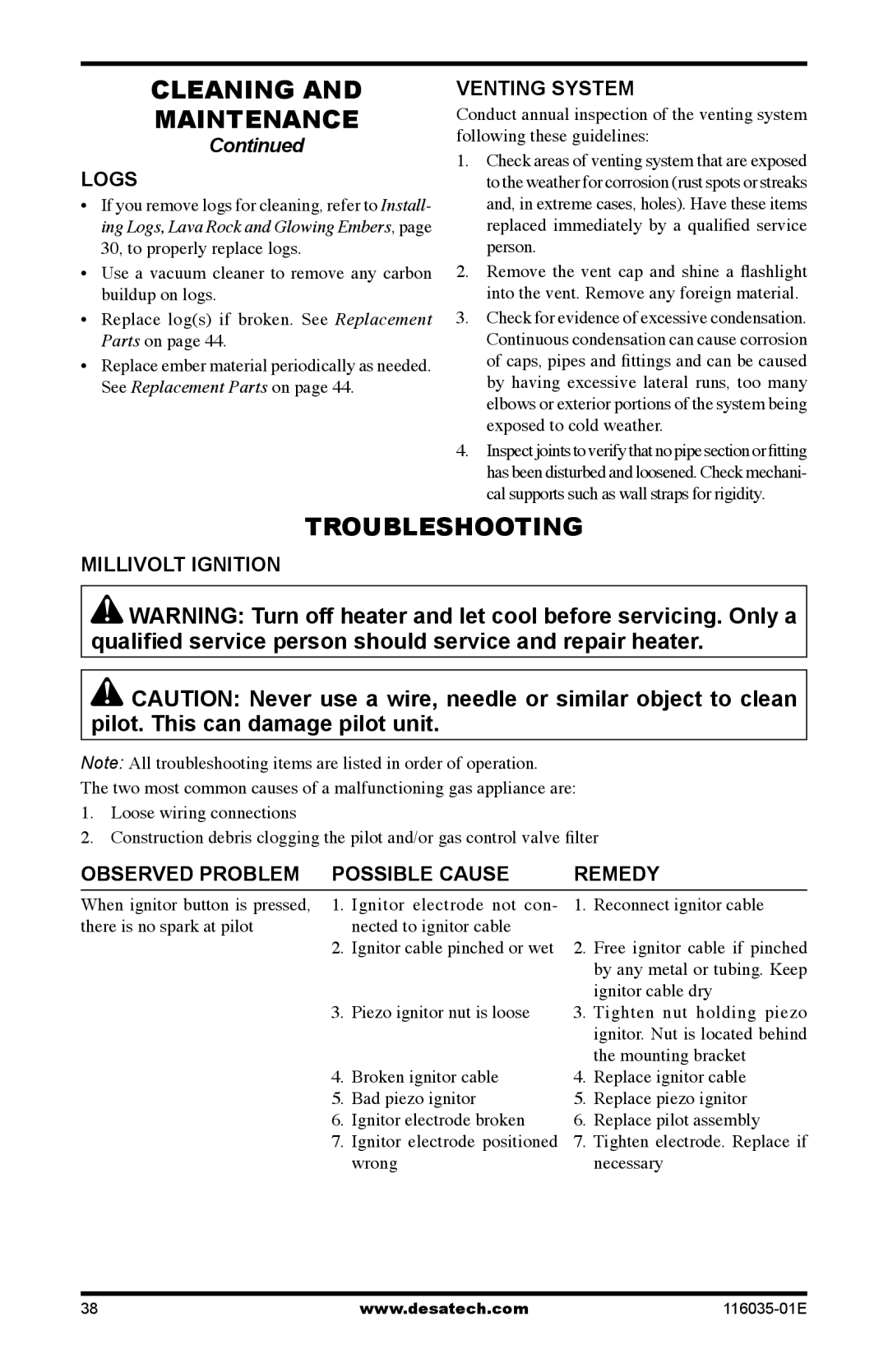 Desa (V)CD36RNE Troubleshooting, Logs, Venting system, Millivolt Ignition, Observed Problem Possible Cause Remedy 